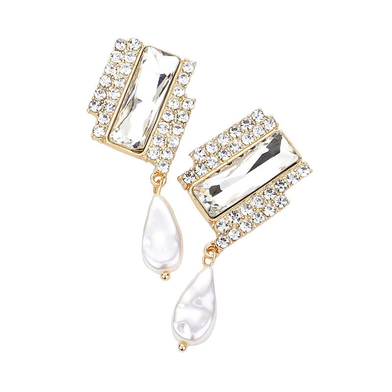 Rectangle Stone  Freshwater Pearl Dangle Evening Earrings