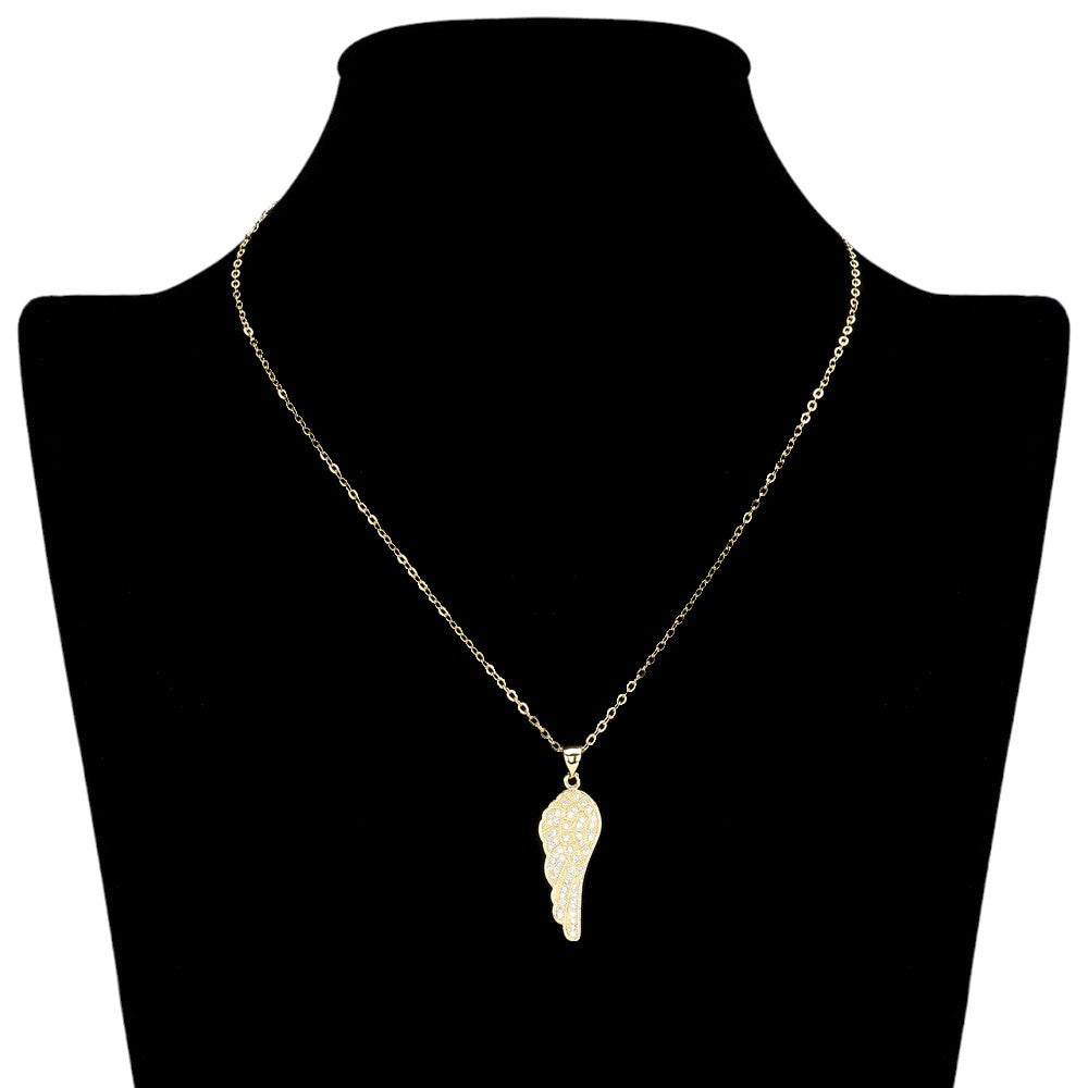 Stainless Steel Stone Paved Wing Pendant Necklace