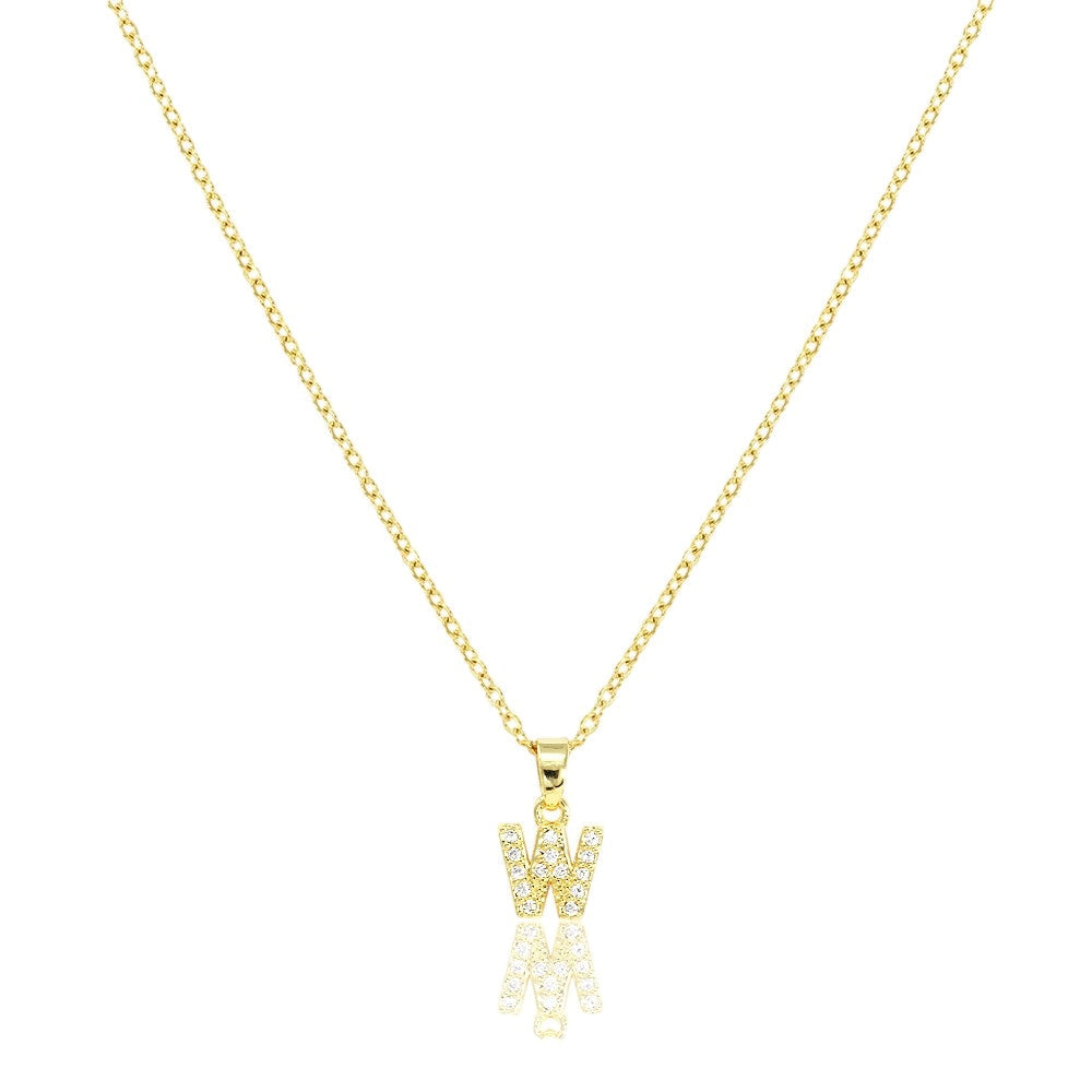 W Stainless Steel CZ Stone Paved Monogram Pendant Necklace