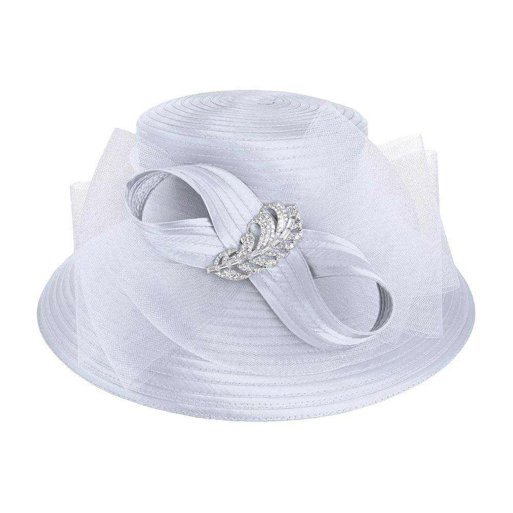 Rhinestone Embellished Feather Accented Mesh Bow Dressy Hat