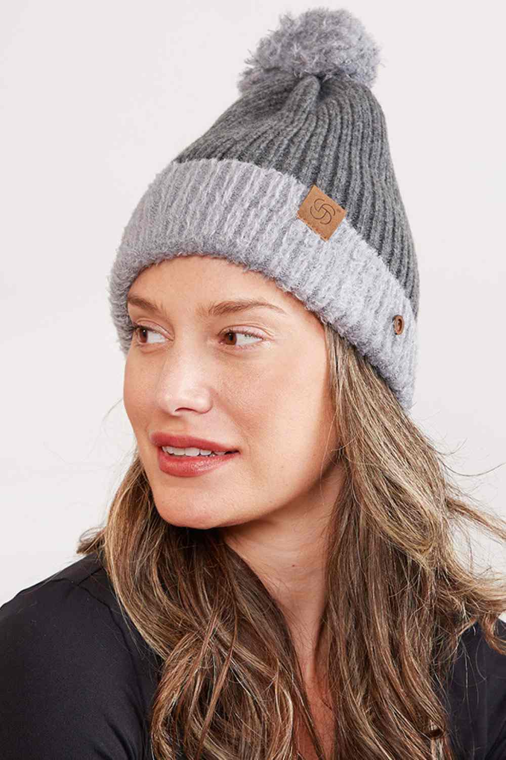 Ribbed Brim Button Pom Beanie