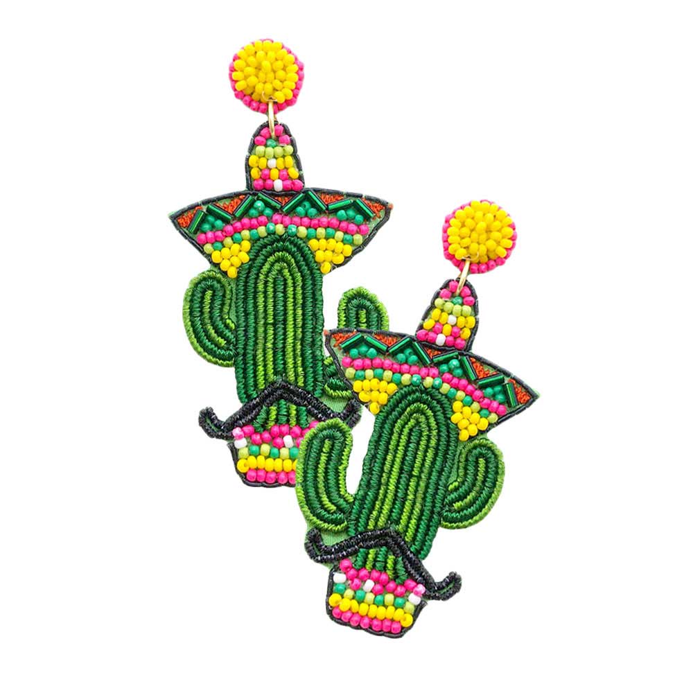Felt Back Seed Beaded Cactus Dangle Earrings