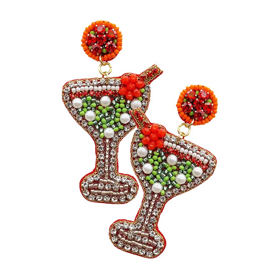 Felt Back Martini Rhinestone Pearl Beads Dangle Earrings