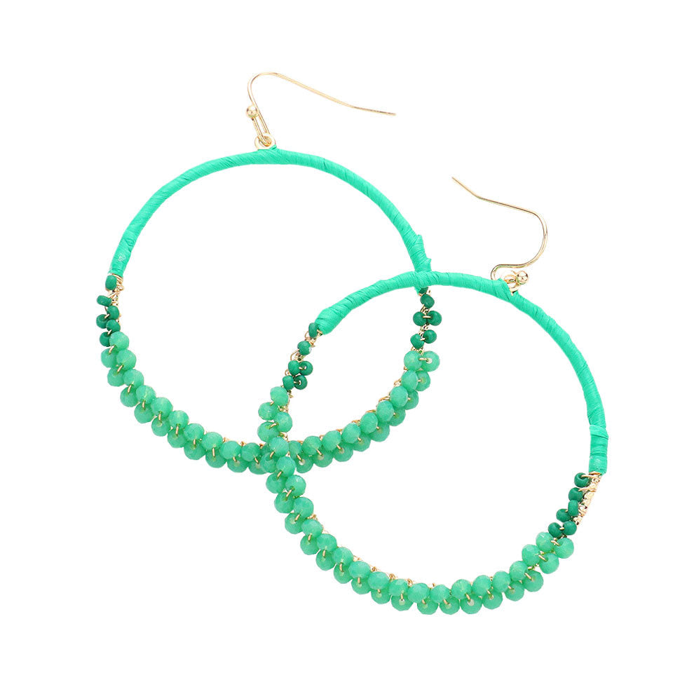 Raffia Faceted Bead Wrapped Open Metal Circle Earrings
