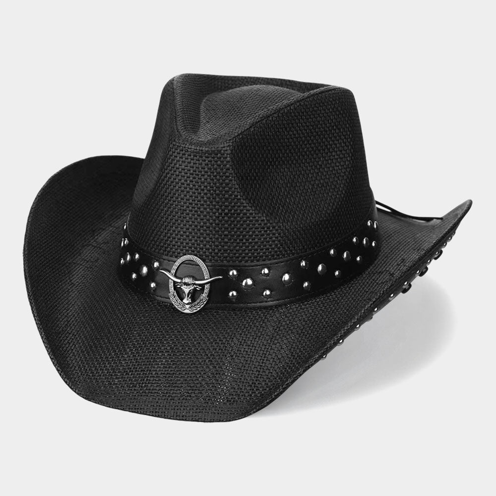 Metal Steer Head Emblem Studded Faux Leather Band Western Straw Cowboy Fedora Hat