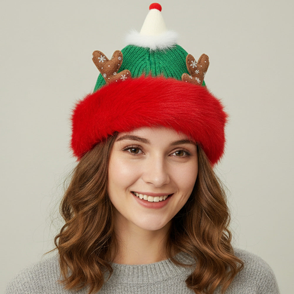 Fuzzy Fur Antlers Accent Christmas Knit Beanie Hat