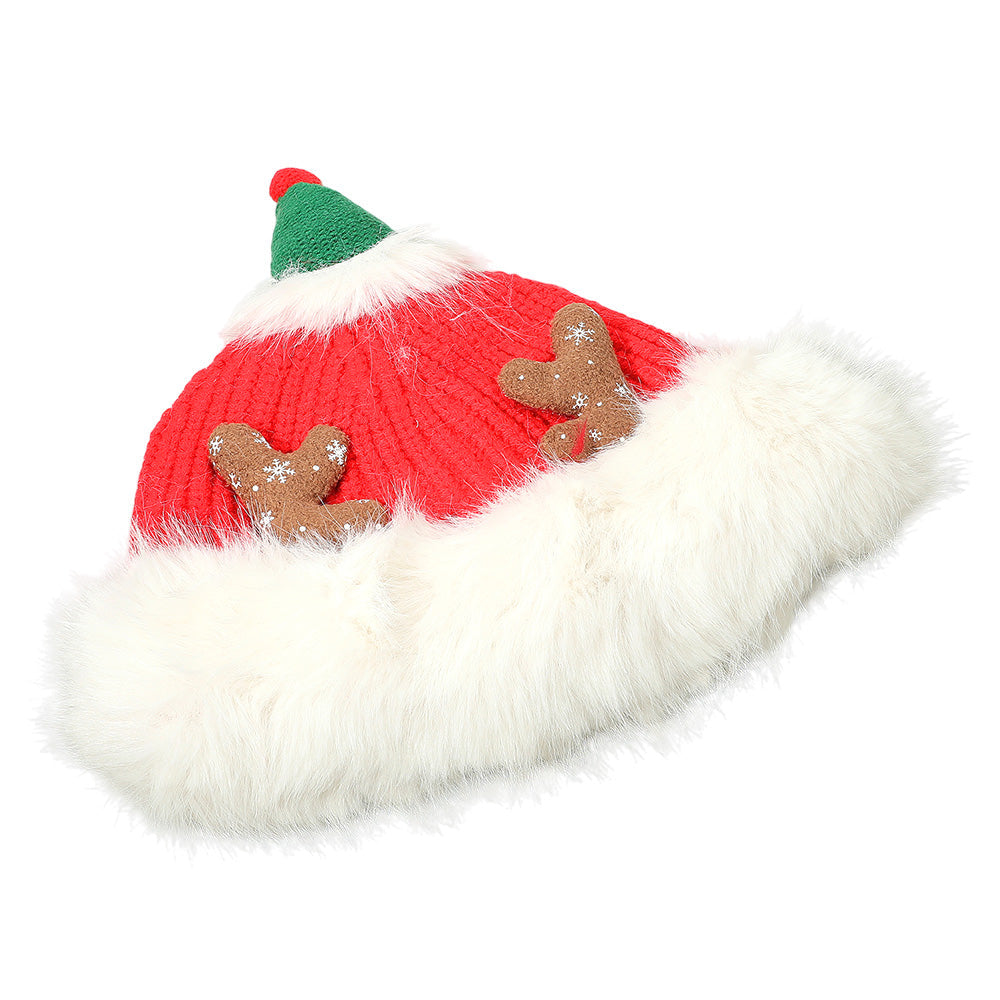 Fuzzy Fur Antlers Accent Christmas Knit Beanie Hat