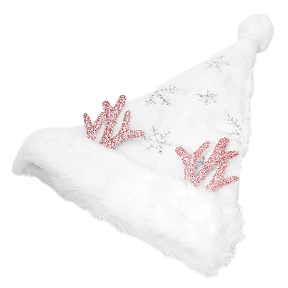 Fluffy Christmas Antler Accent Sequin Snowflake Pattern Santa Hat
