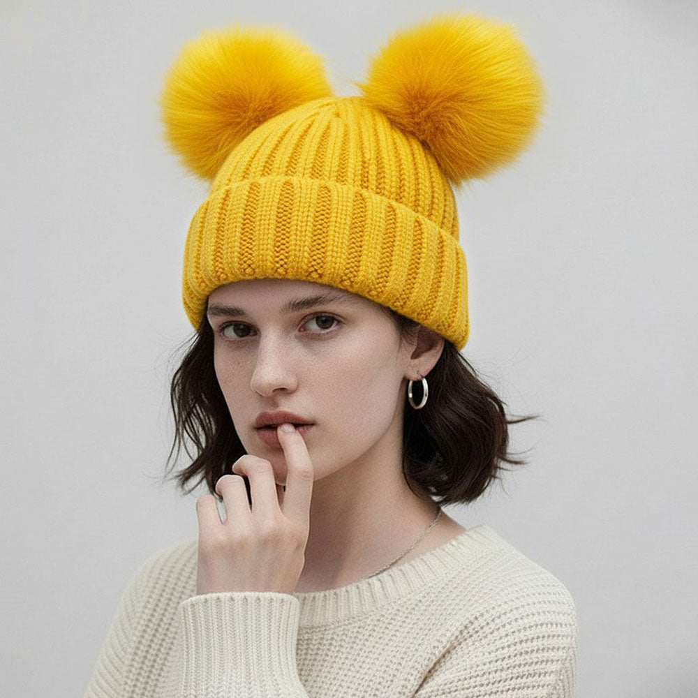 Double Pom Pom Knit Beanie Hat