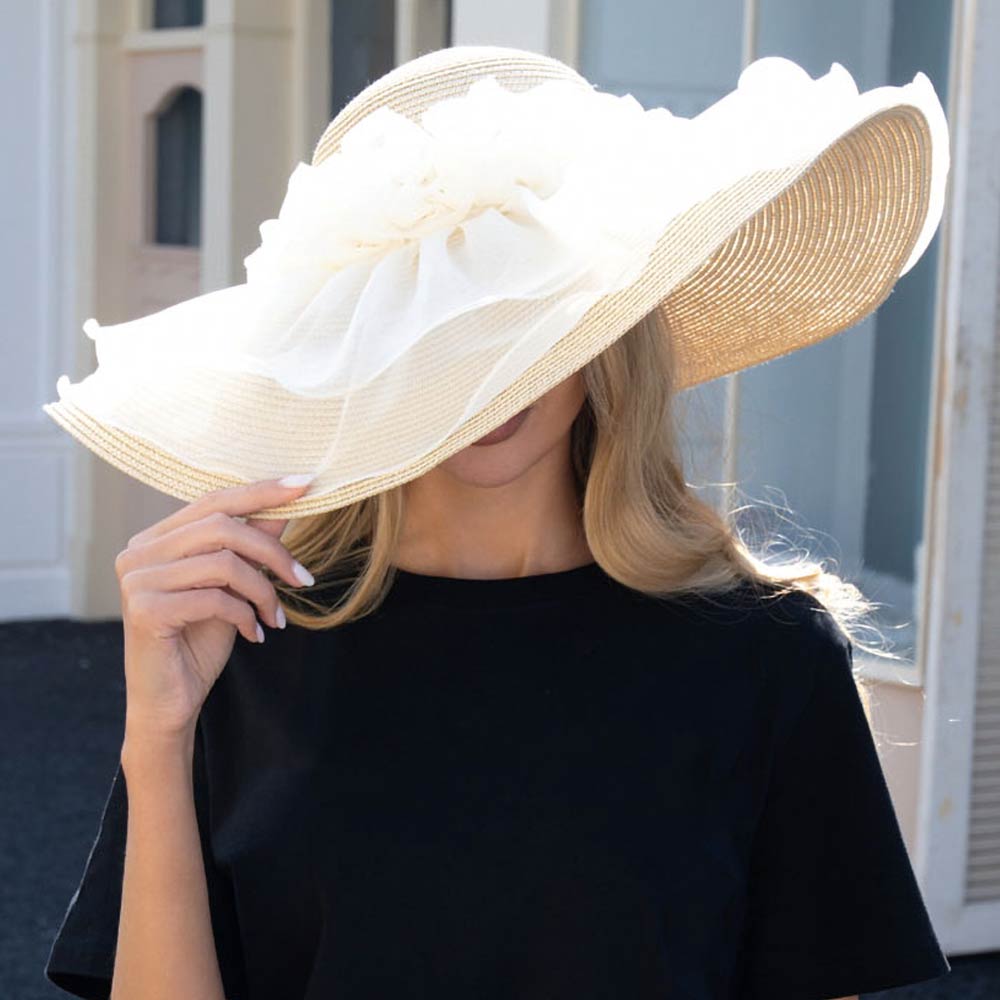 Oversized Sheer Floral Cover Wide Brim Straw Sun Hat