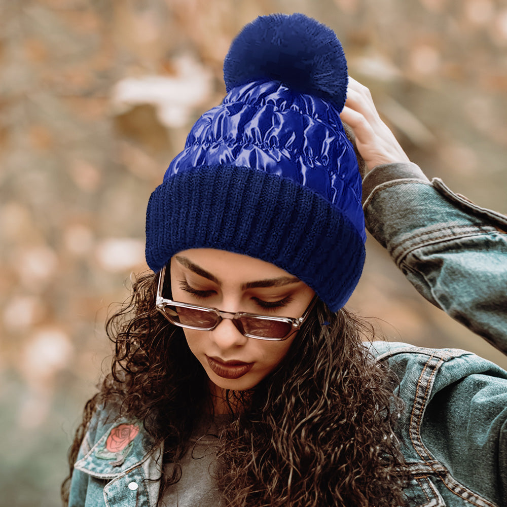 Women's Fleece Lining Puffer Knit Pom Beanie Hat