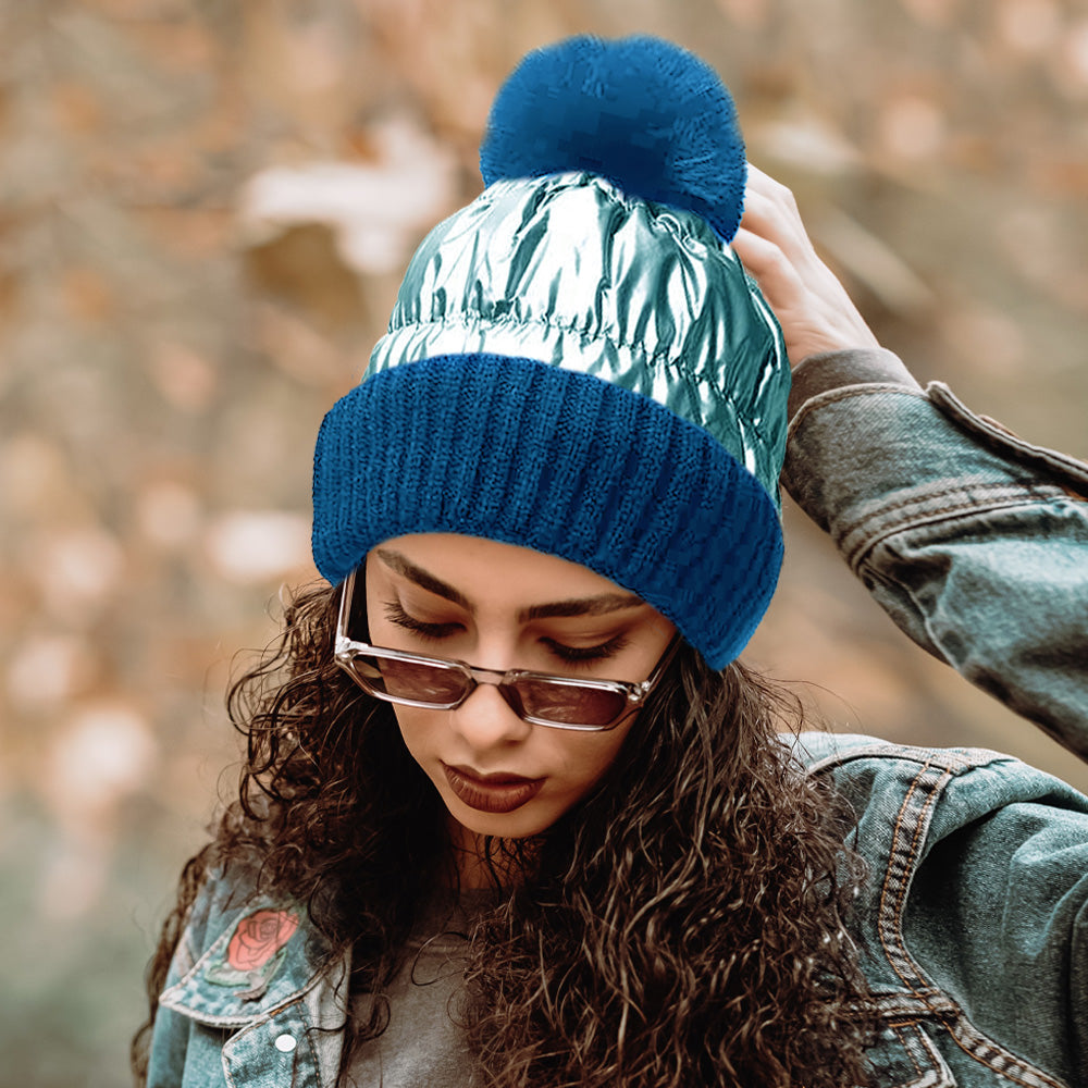 Women's Fleece Lining Puffer Knit Pom Beanie Hat