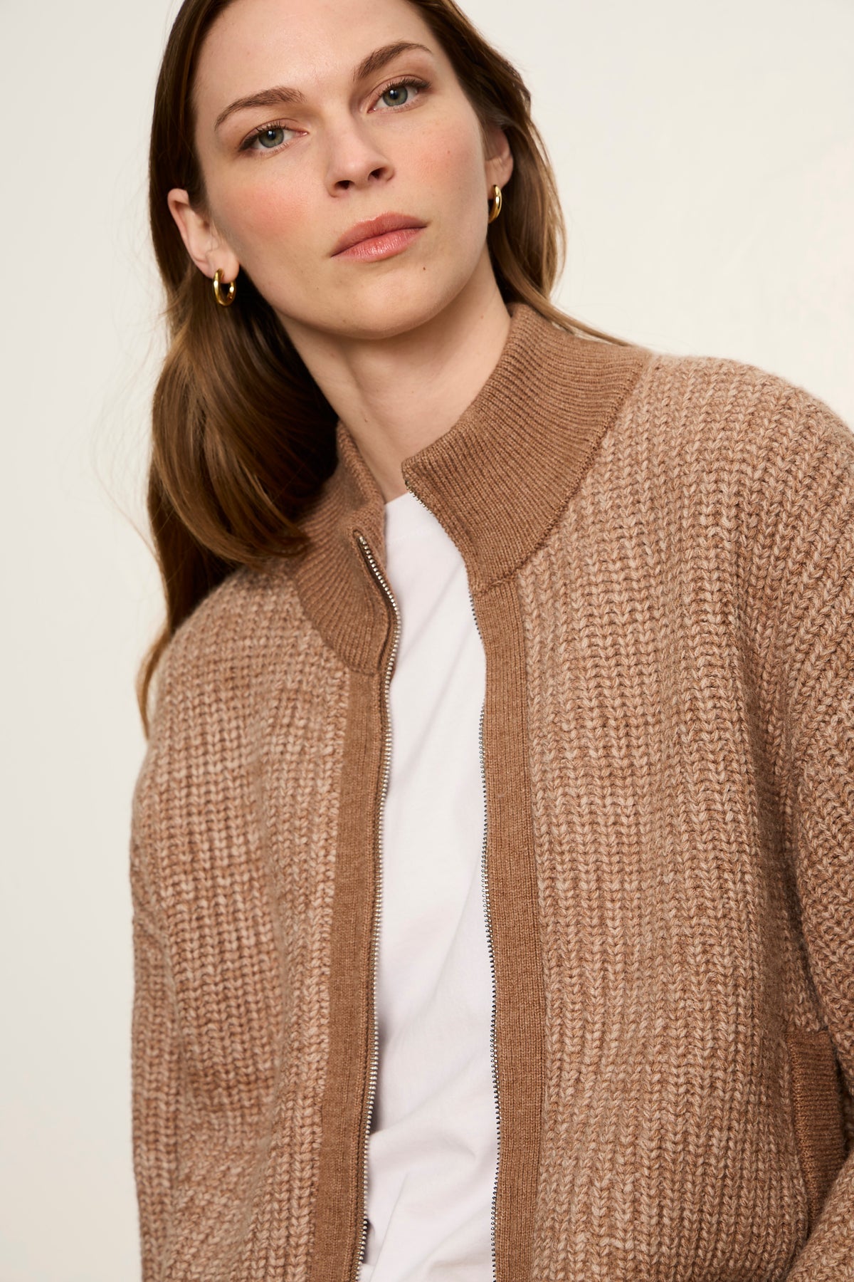 Sanctuary Zip Up Sweater Jacket in Heather Cocoa