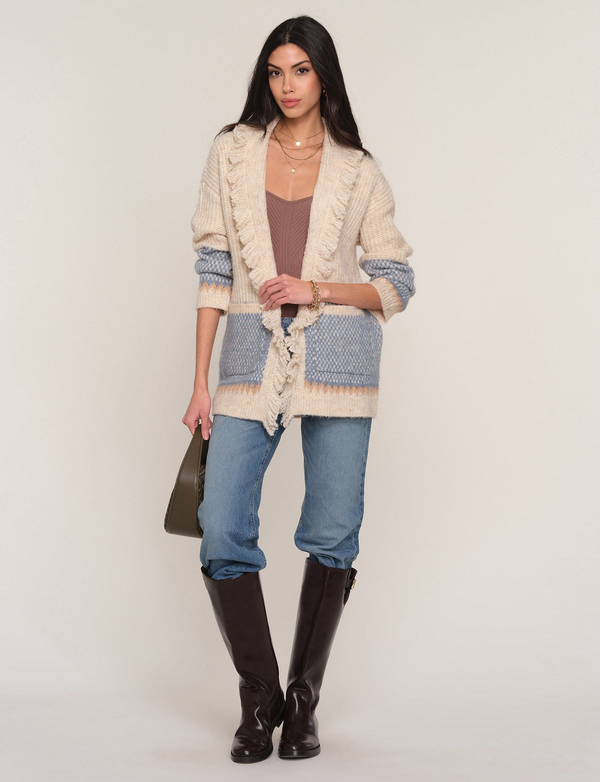 Delphine Cardi in oat, front detail