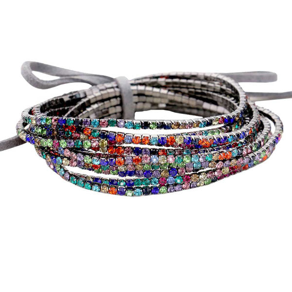 12PCS Ribbon Colorful Rhinestone Layered Stretch Bracelets