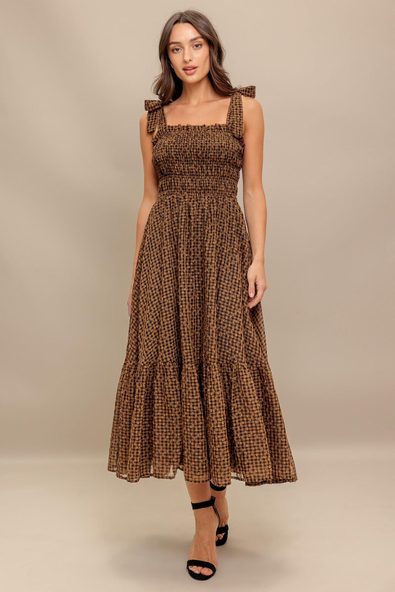 CHECKED DAYDREAM WOVEN MIDI DRESS