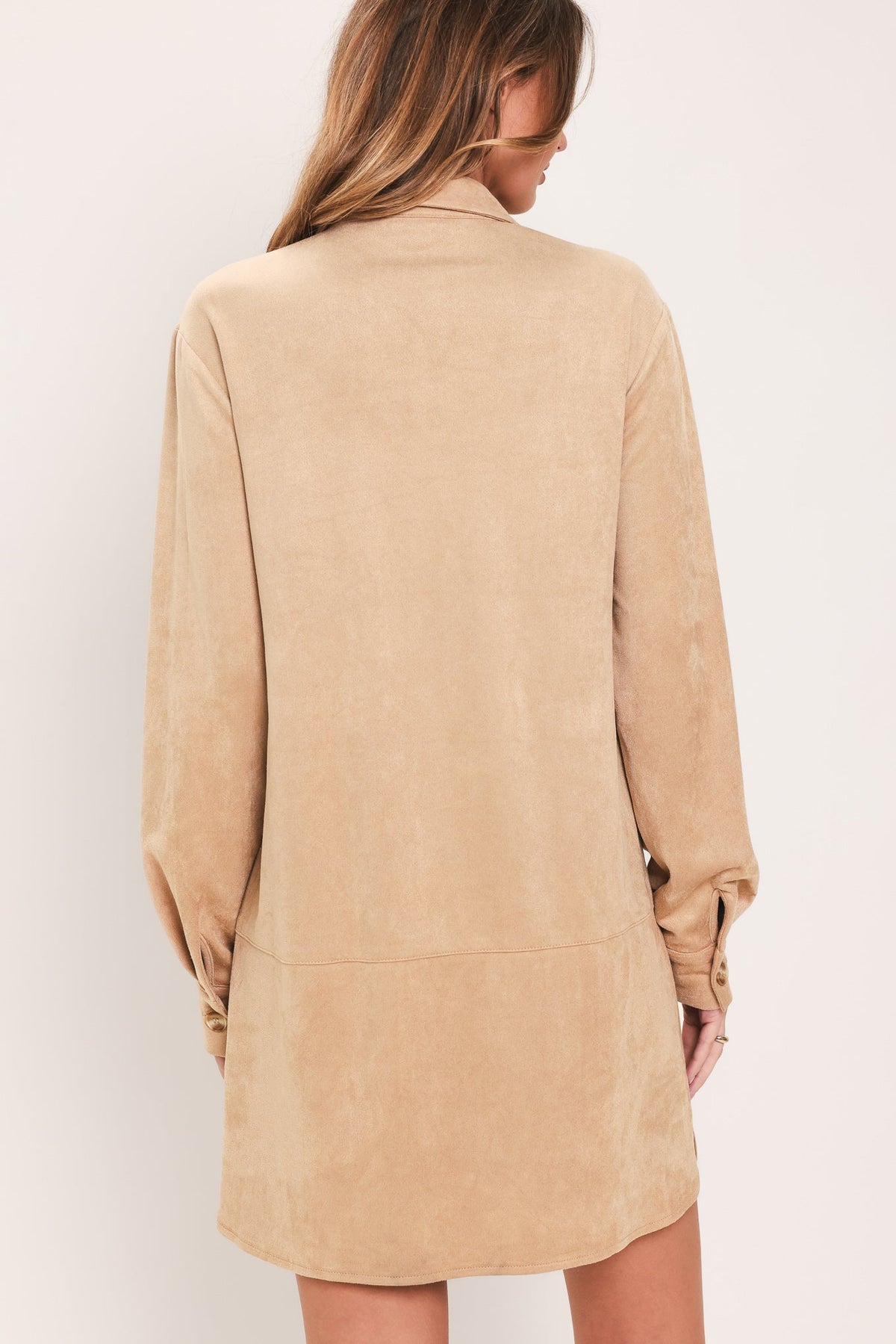 SAND SAFARI SAND FAUX SUEDE BELTED SHIRT MINI DRESS
