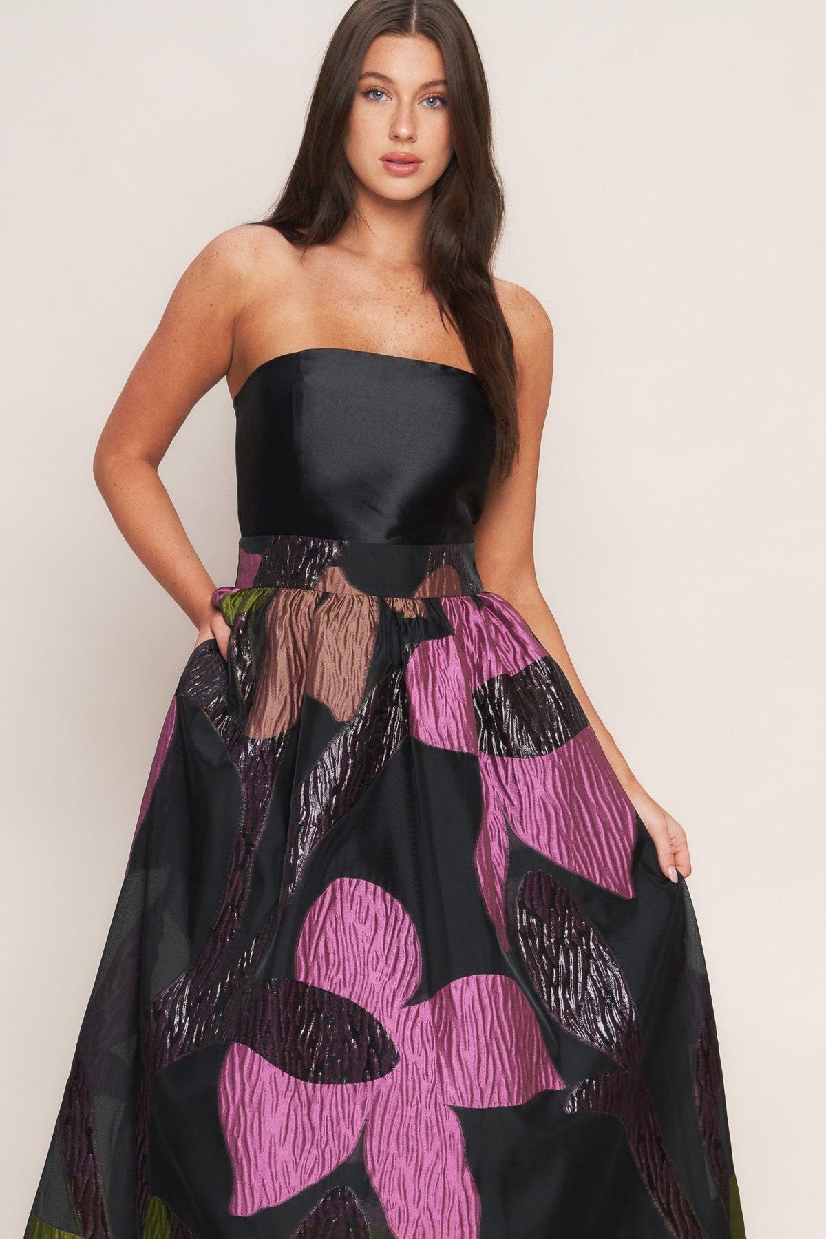 ABSTRACT ROSE WOVEN MIDI DRESS