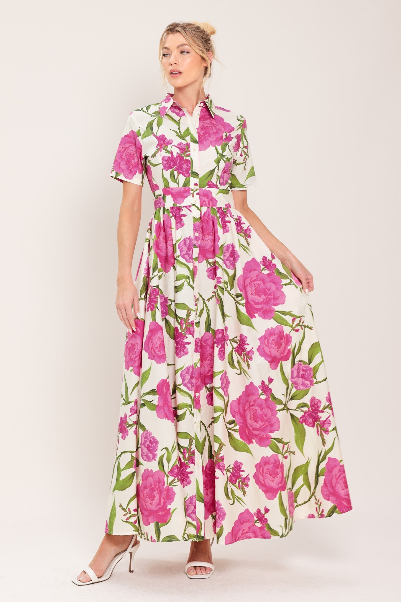 BLOOMING ROSE WOVEN MAXI SHIRT DRESS