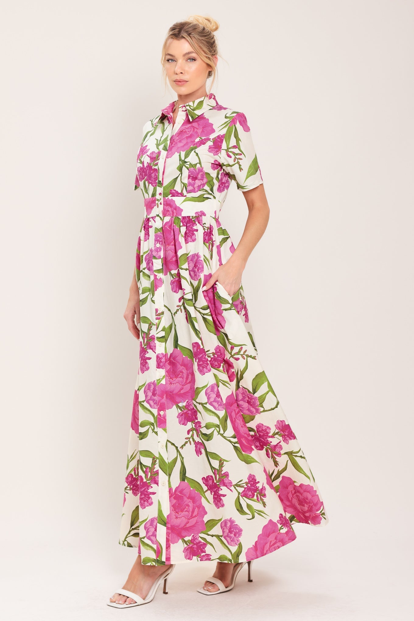 BLOOMING ROSE WOVEN MAXI SHIRT DRESS