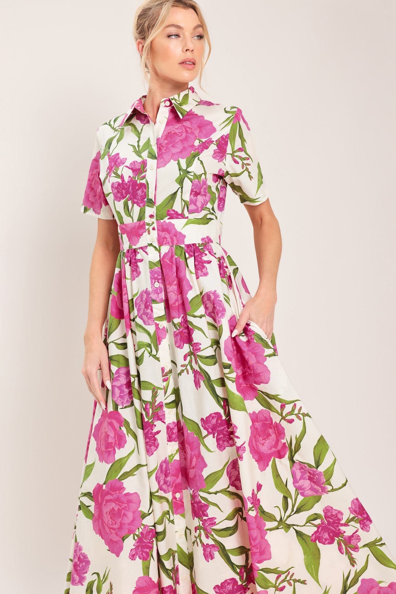 BLOOMING ROSE WOVEN MAXI SHIRT DRESS