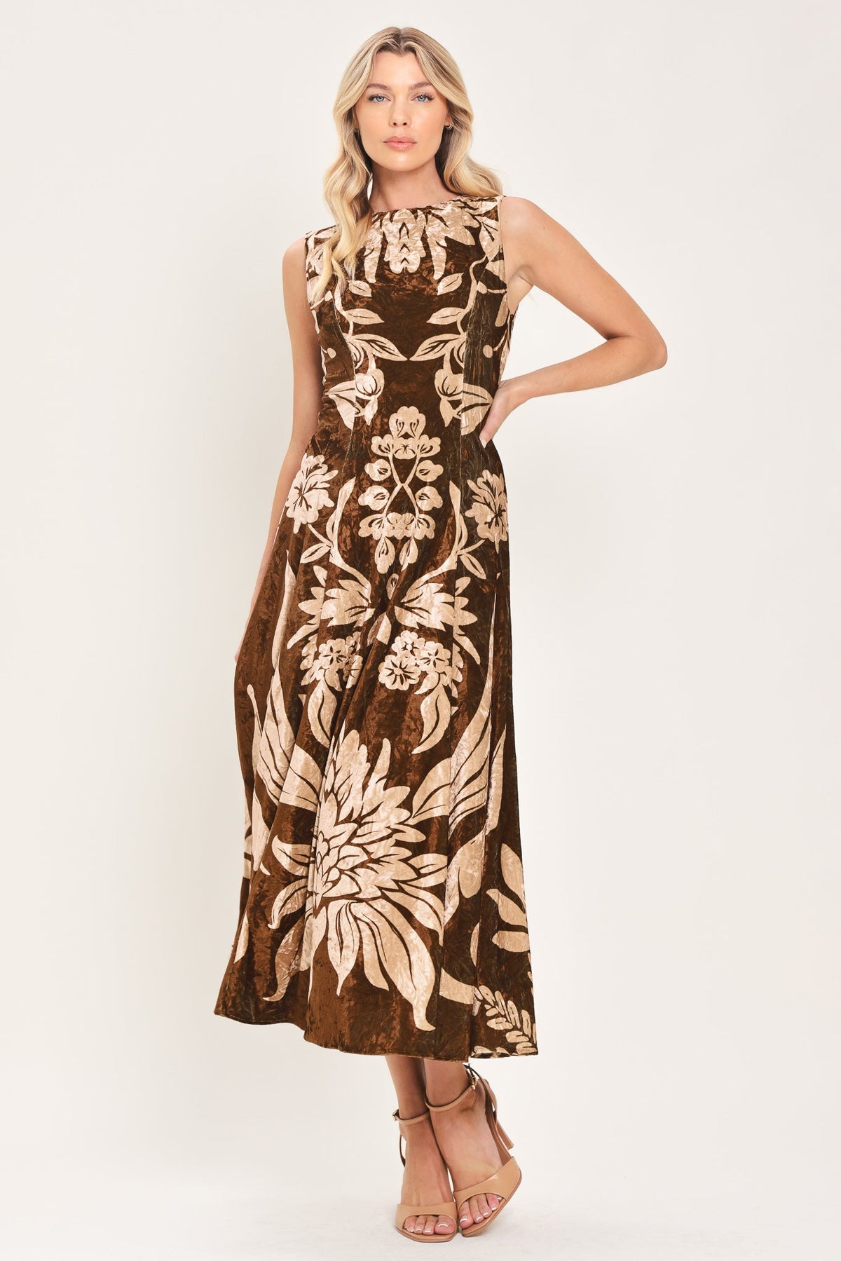 COCOA BLOOM BROWN PRINTED VELVET CIRCLE-SKIRT MIDI DRESS
