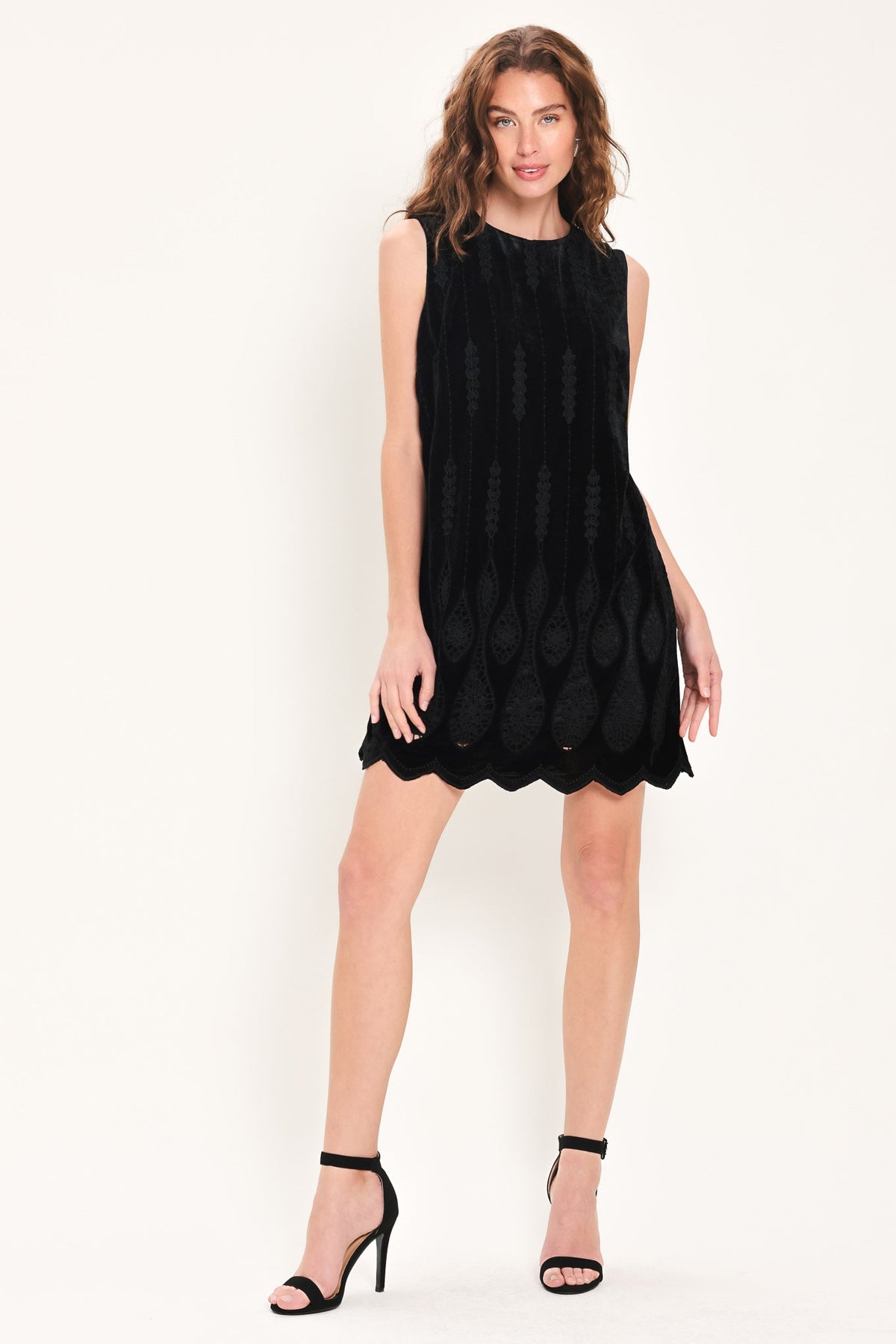 VELVET NOIR BLACK TEXTURED SLEEVELESS MINI DRESS