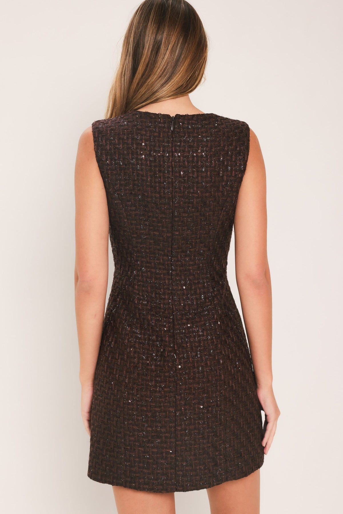 CHAMPAGNE NIGHTS CHOCOLATE SEQUIN TWEED MINI DRESS