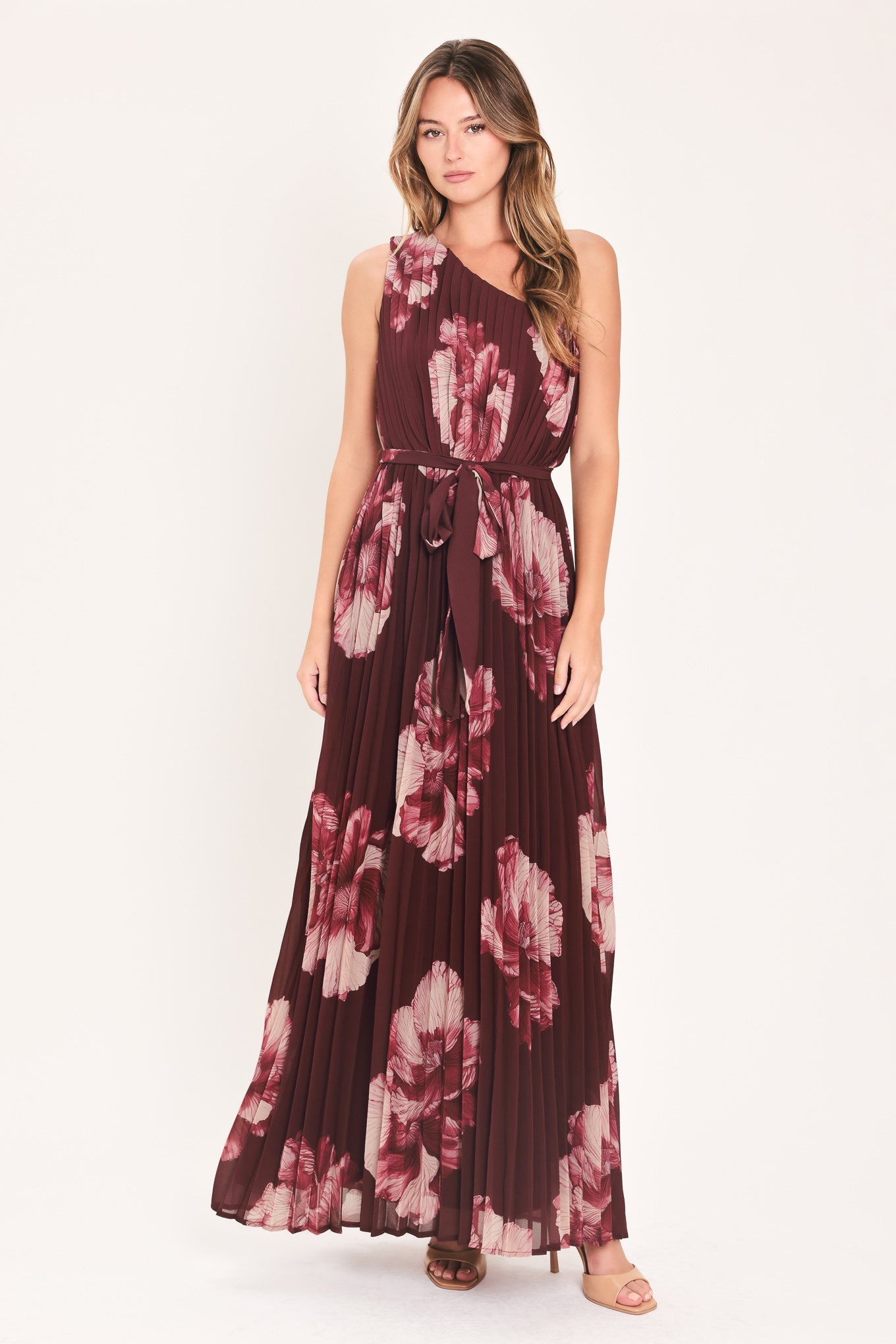 CRIMSON AFFAIR BURGUNDY PLEATED ONE-SHOULDER MAXI DRESS