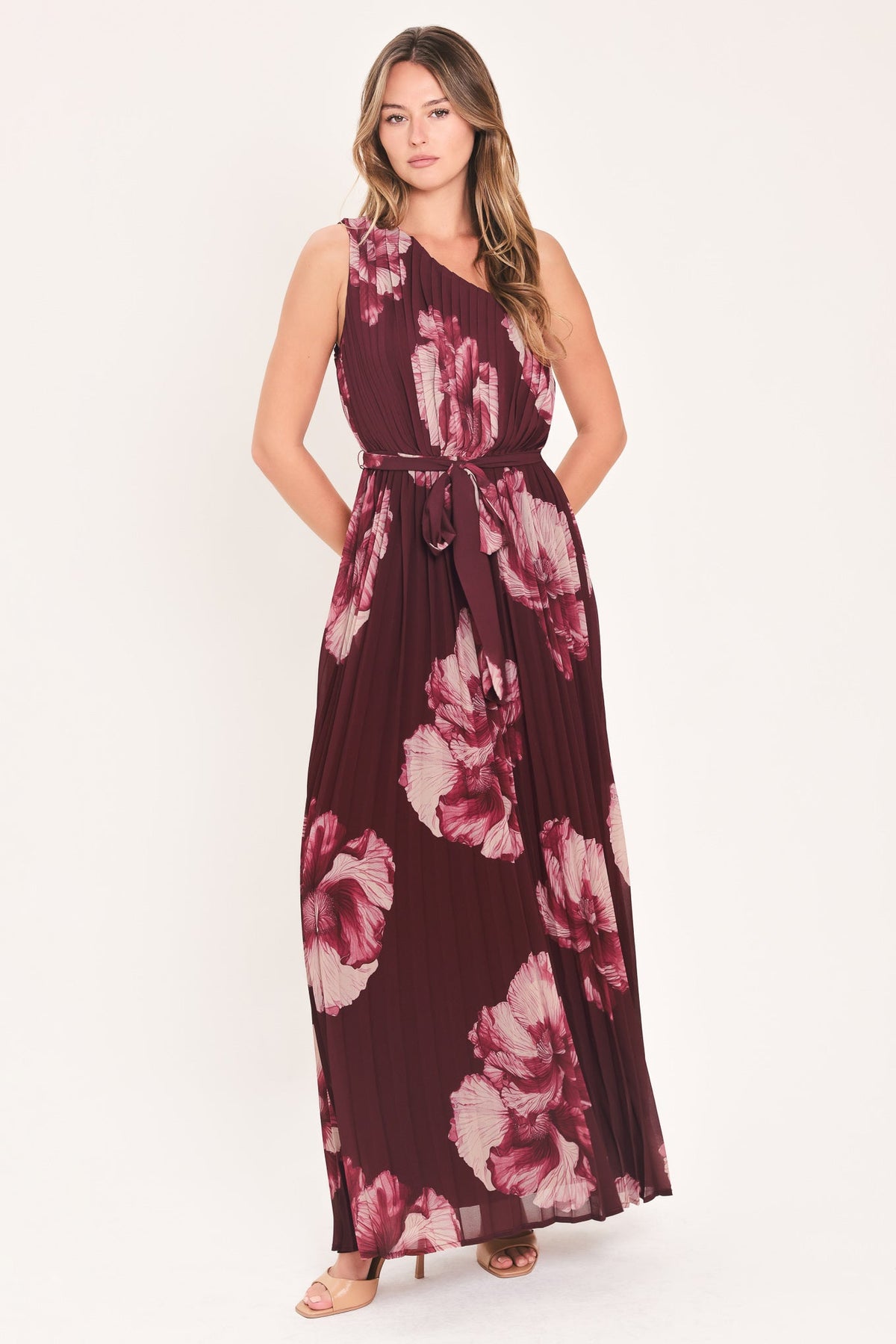CRIMSON AFFAIR BURGUNDY PLEATED ONE-SHOULDER MAXI DRESS