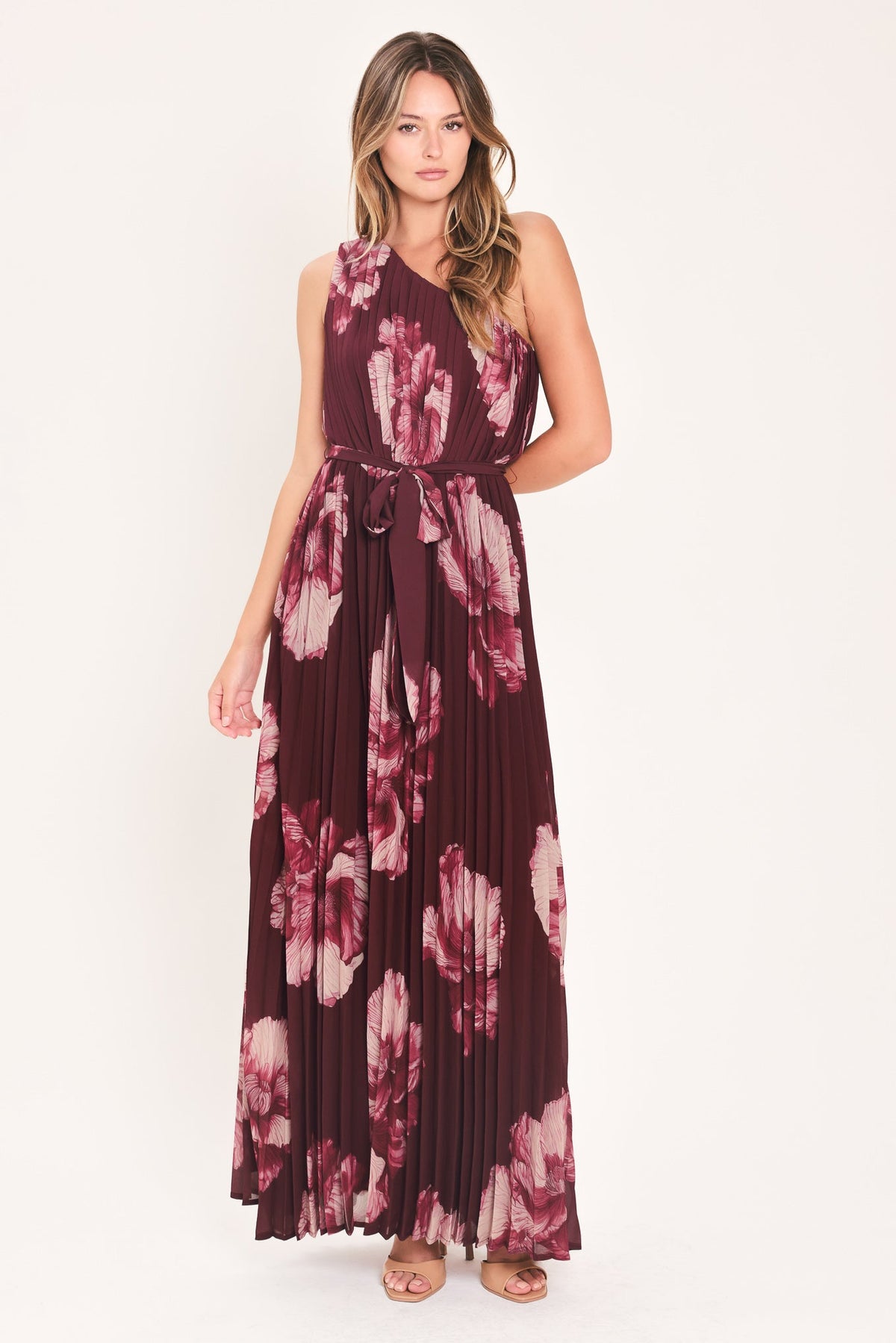 CRIMSON AFFAIR BURGUNDY PLEATED ONE-SHOULDER MAXI DRESS