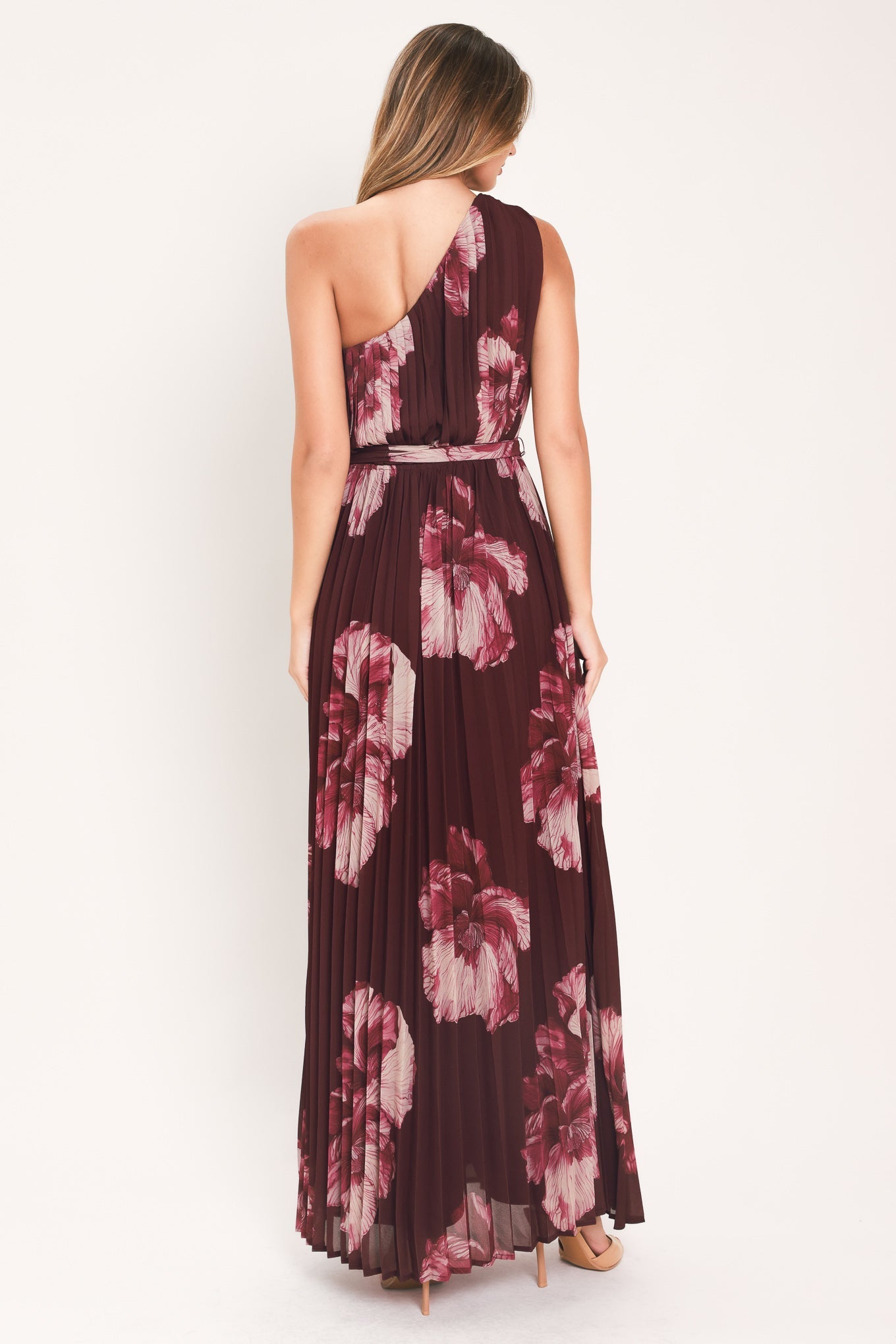 CRIMSON AFFAIR BURGUNDY PLEATED ONE-SHOULDER MAXI DRESS