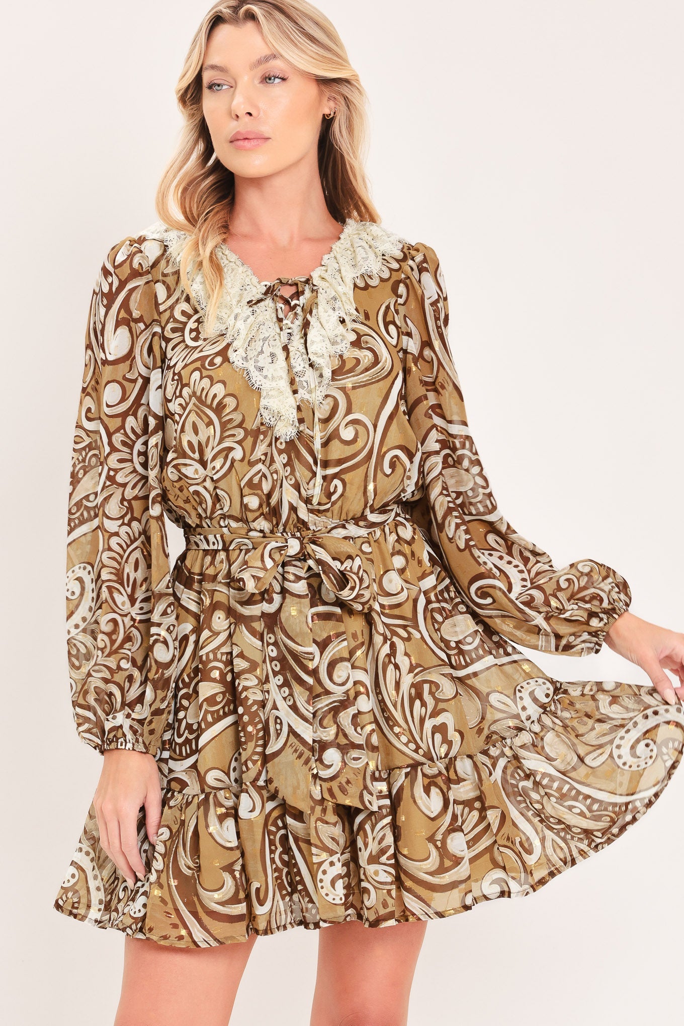 HAZELNUT LACE STORY WOVEN MINI DRESS