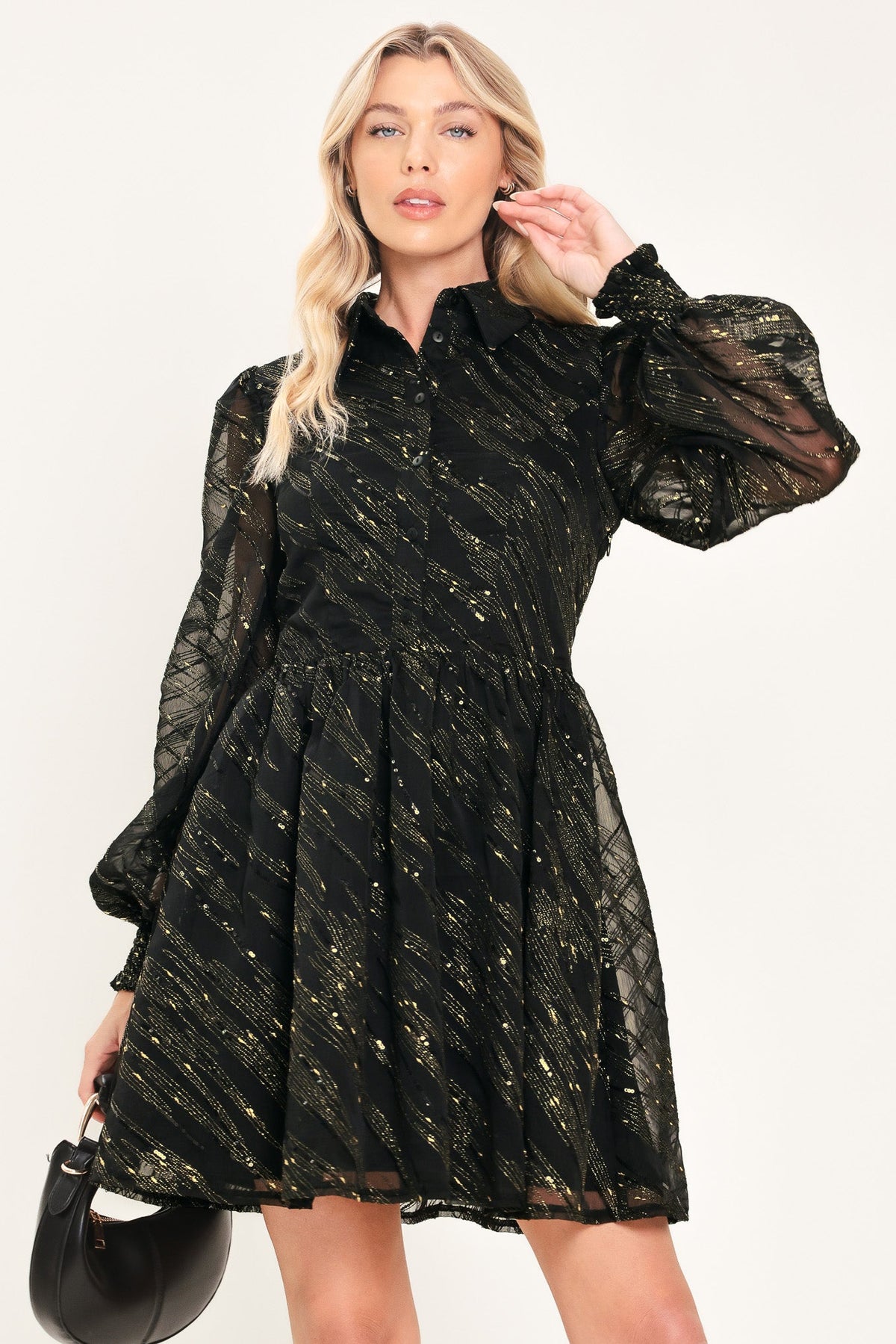 GILDED NOIR BLACK/GOLD METALLIC BUTTON-DOWN MINI DRESS