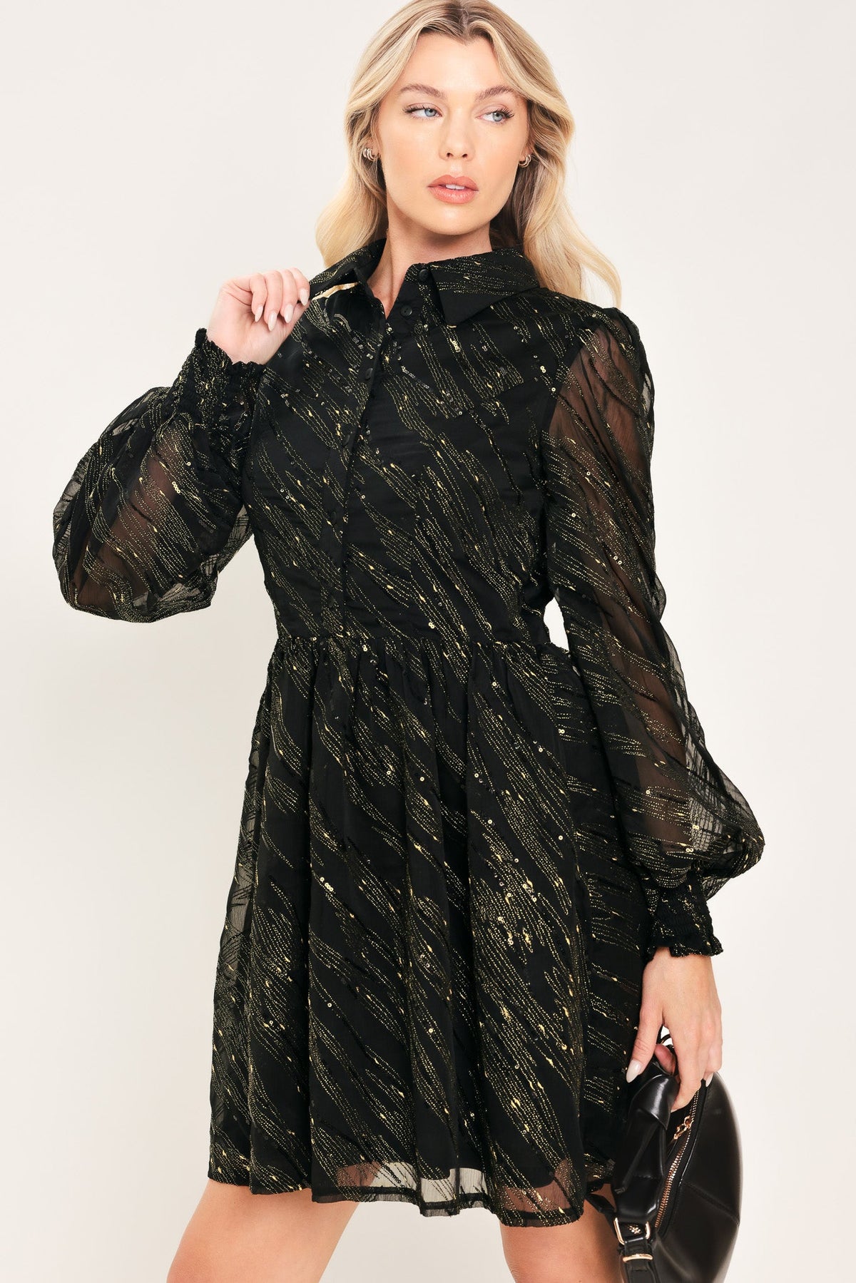 GILDED NOIR BLACK/GOLD METALLIC BUTTON-DOWN MINI DRESS