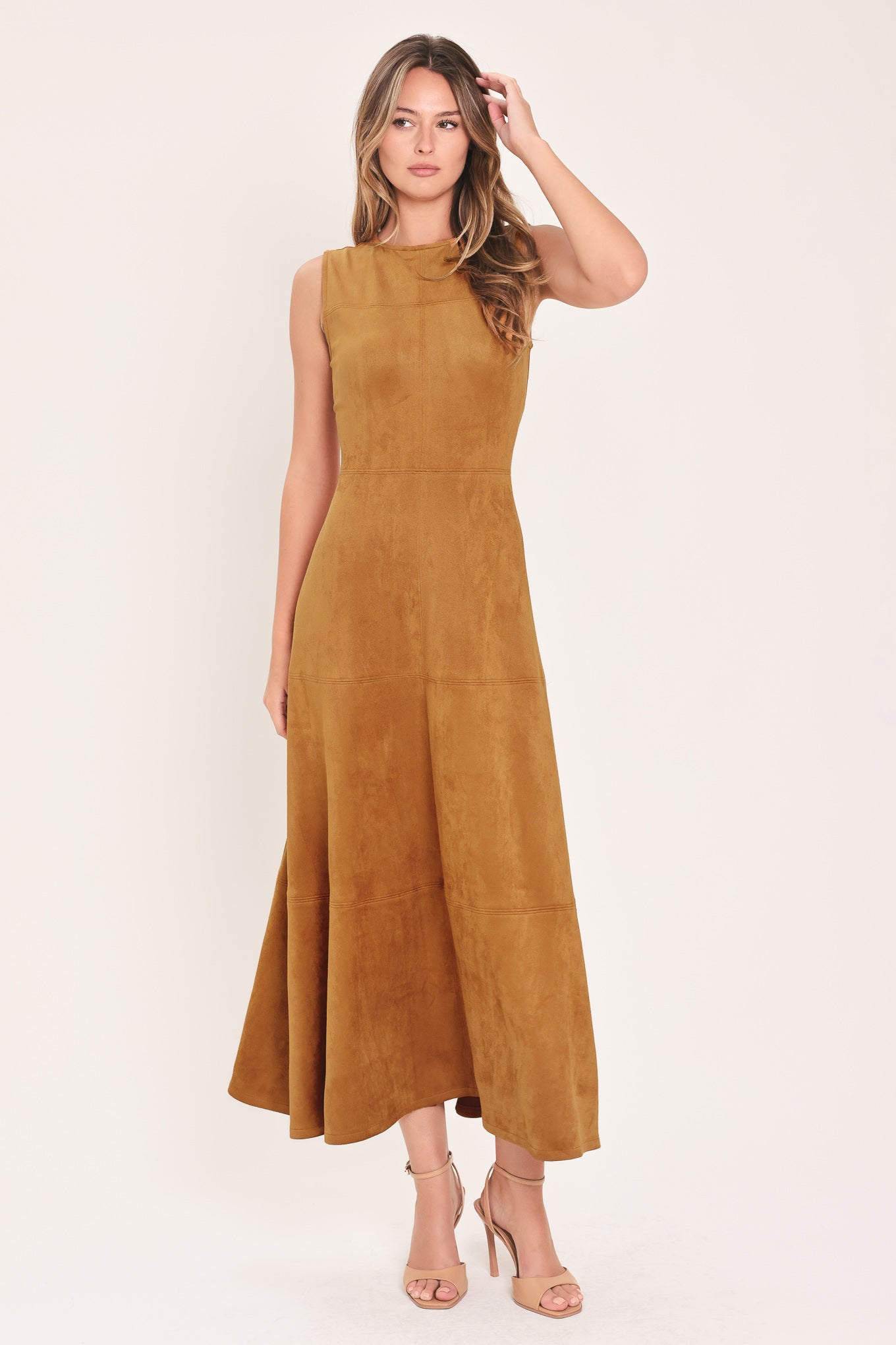 HARVEST MOON CAMEL FAUX SUEDE FIT & FLARE MIDI DRESS
