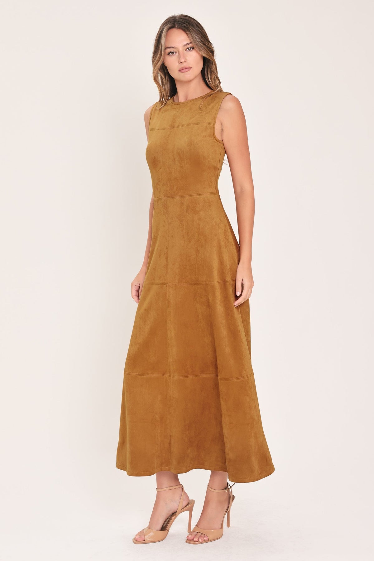 HARVEST MOON CAMEL FAUX SUEDE FIT & FLARE MIDI DRESS