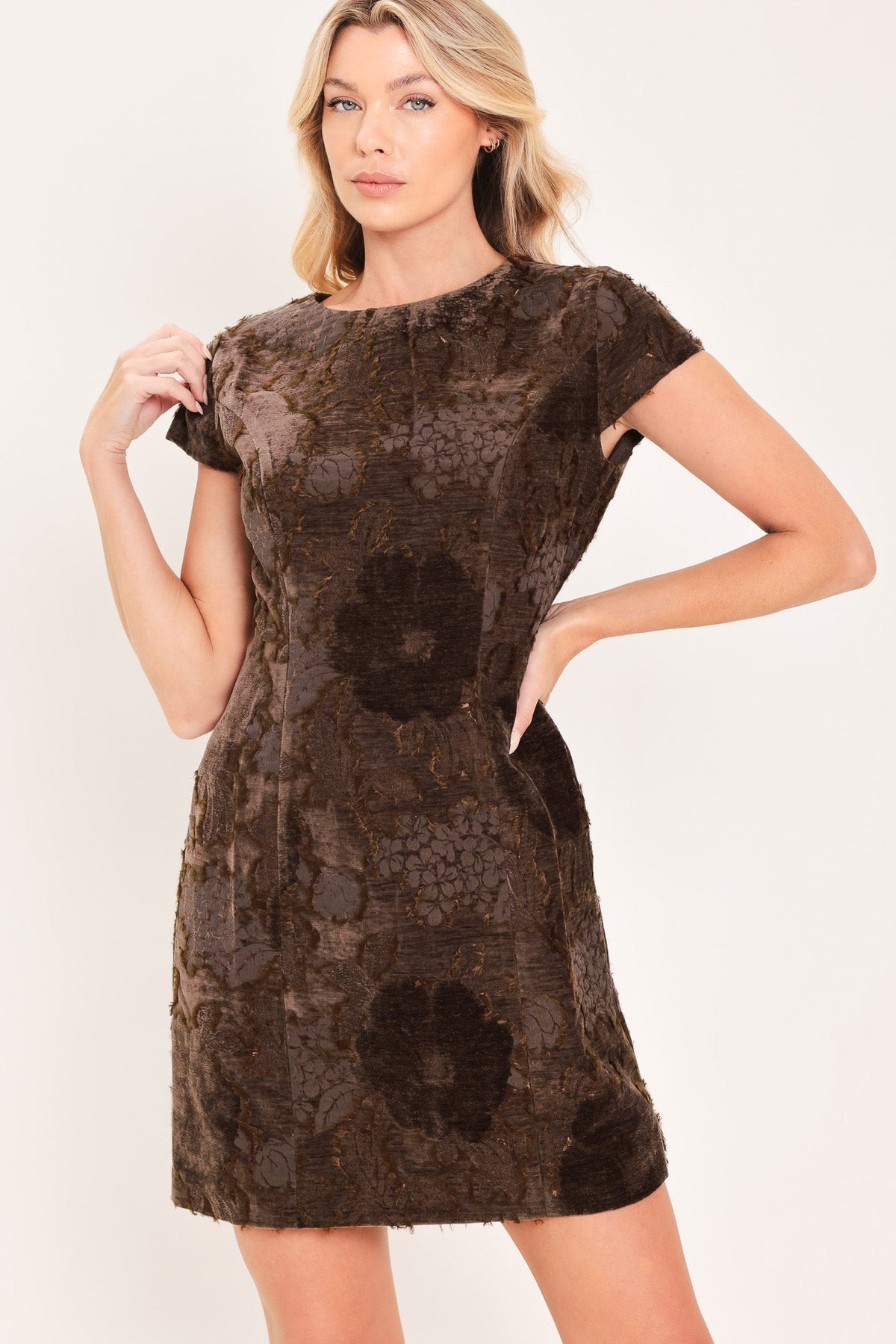 DEEP COFFEE CONTOUR JACQUARD VELVET MINI DRESS