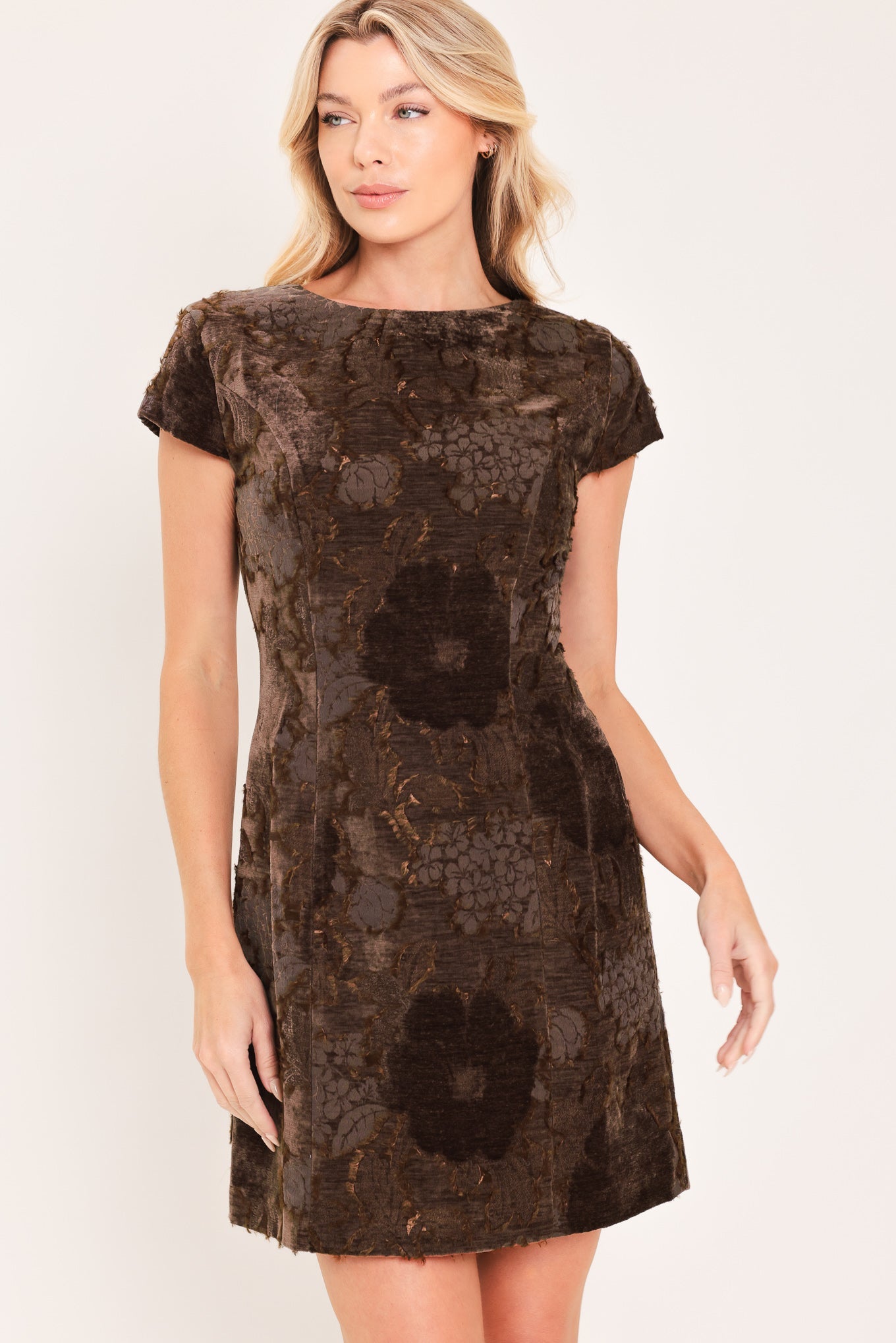 DEEP COFFEE CONTOUR JACQUARD VELVET MINI DRESS
