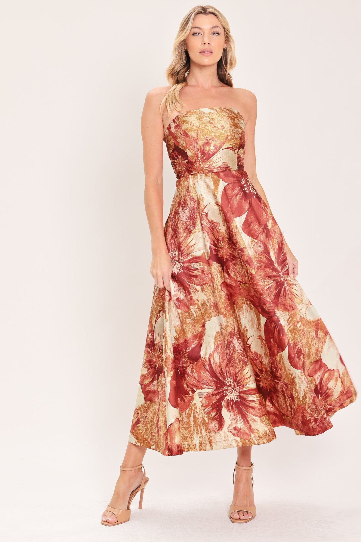 CINNAMON FLORA DRIFT WOVEN MIDI DRESS