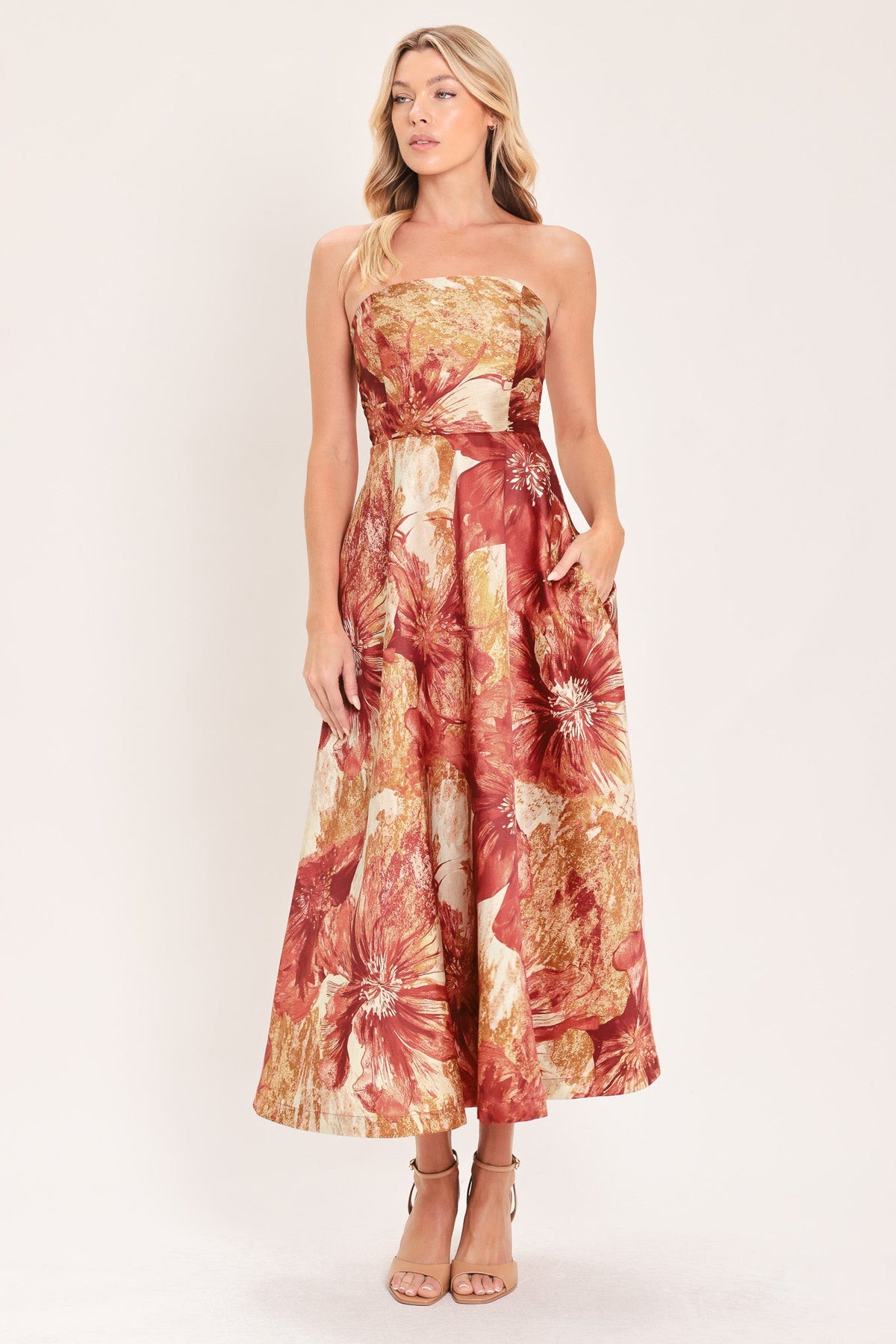 CINNAMON FLORA DRIFT WOVEN MIDI DRESS