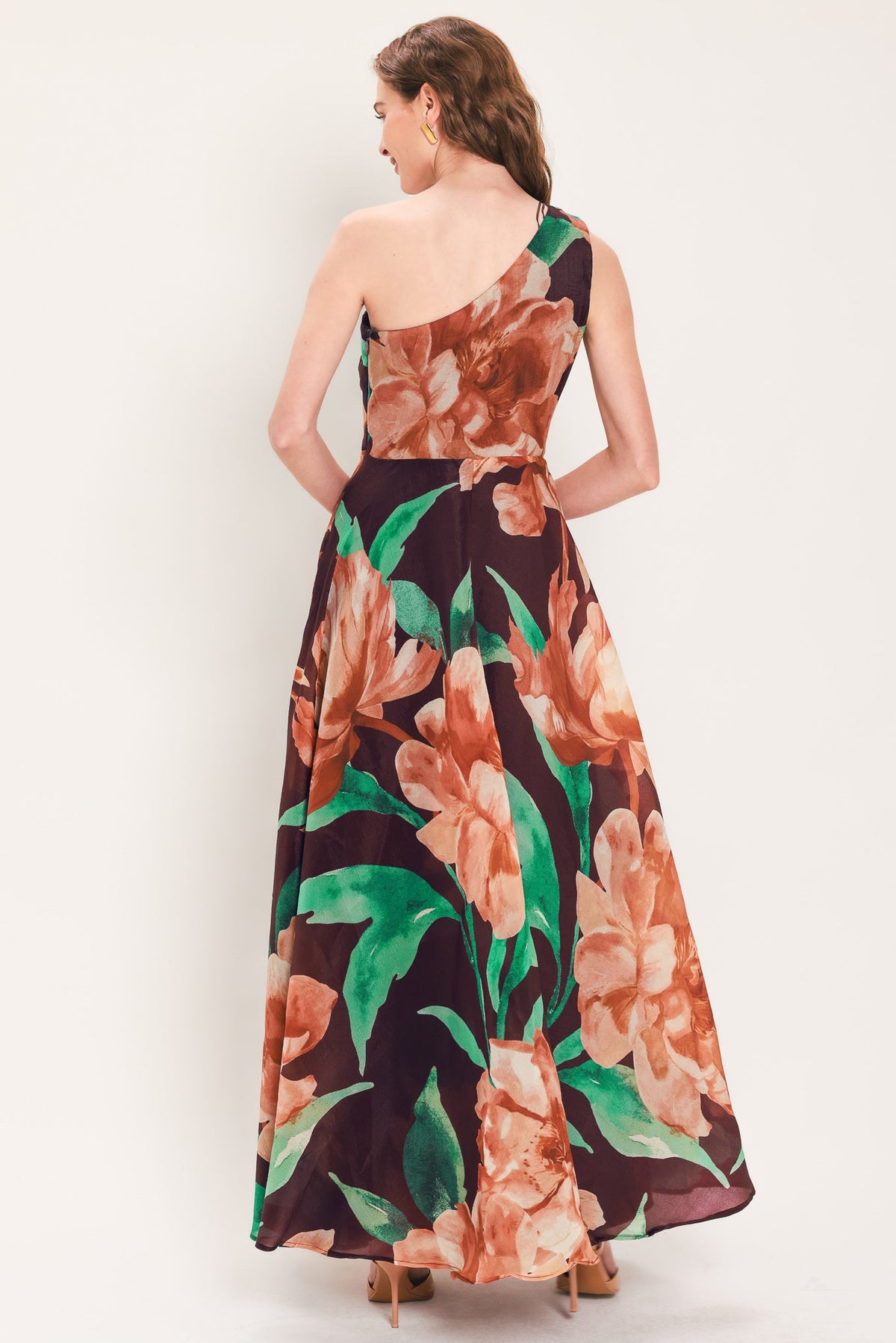 VINTAGE MERLOT WINE PRINTED ONE-SHOULDER MAXI DRESS