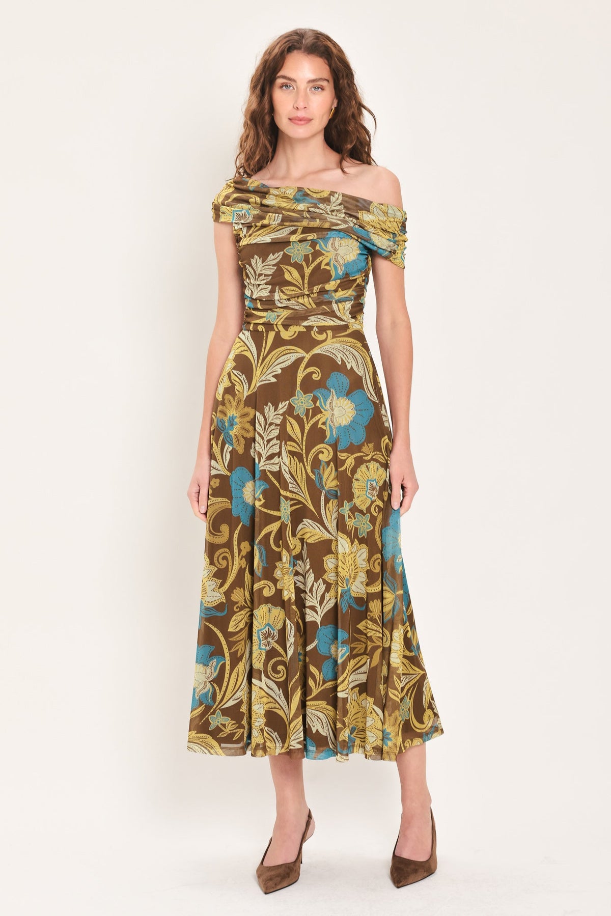 TEAL TEMPTATION BROWN/TEAL DRAPED ONE-SHOULDER MESH MIDI DRESS