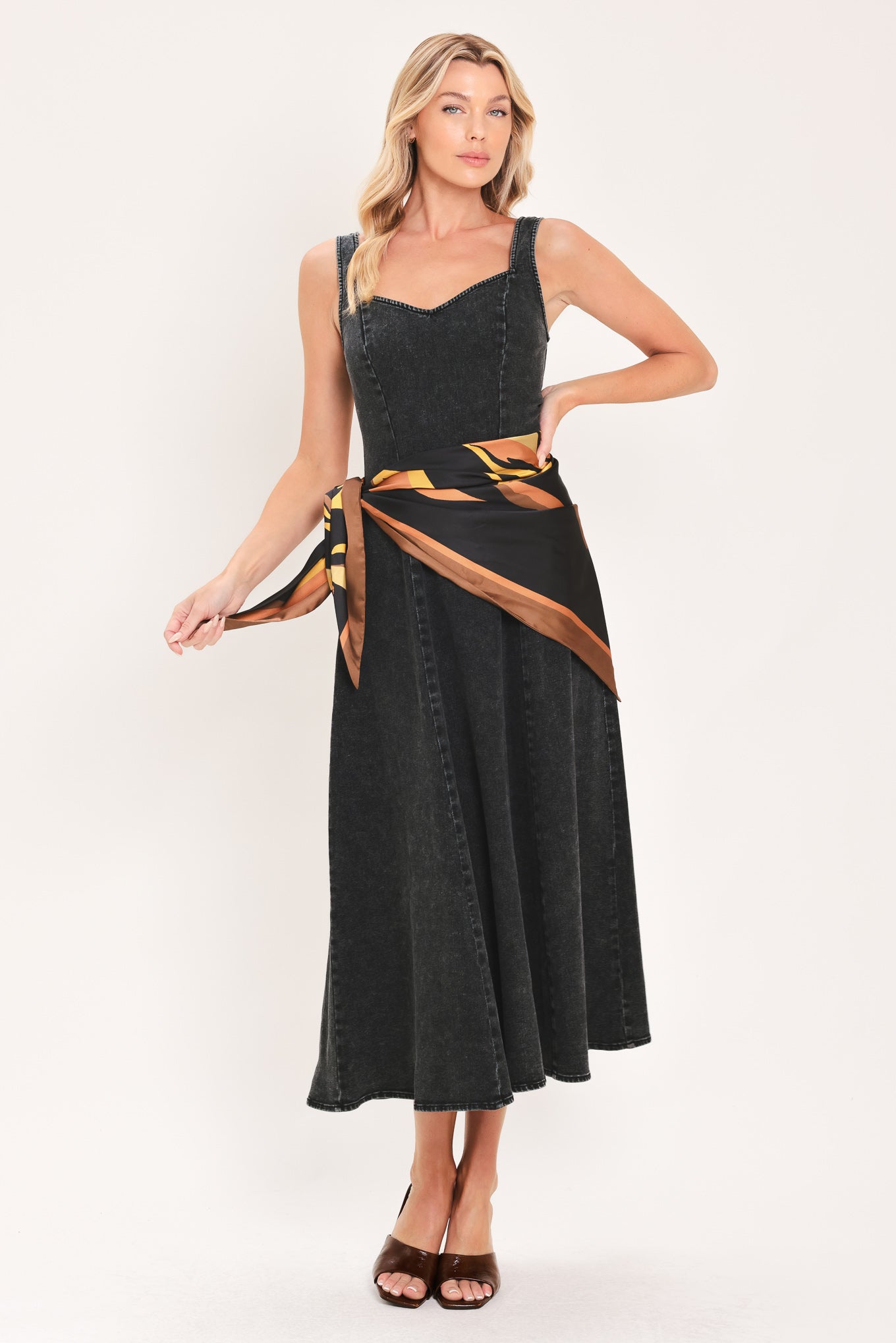 DARKWASH SCARF ELEGANCE DENIM MIDI DRESS