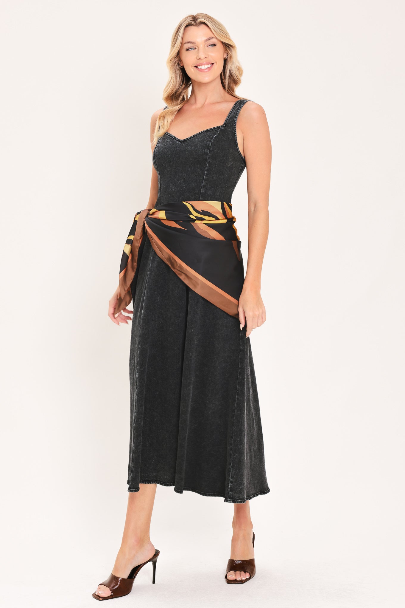 DARKWASH SCARF ELEGANCE DENIM MIDI DRESS