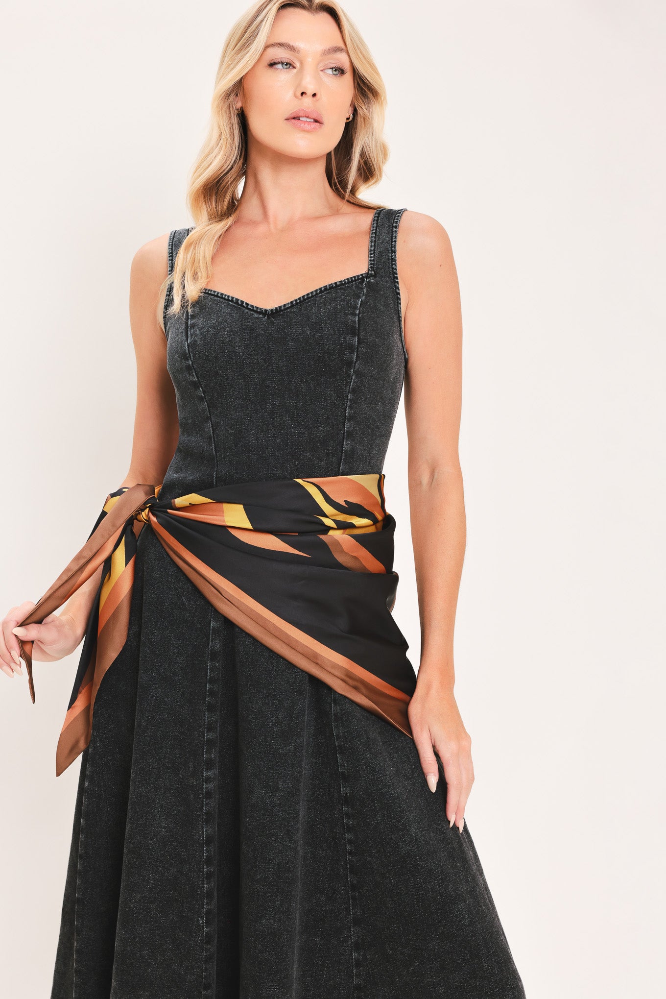 DARKWASH SCARF ELEGANCE DENIM MIDI DRESS