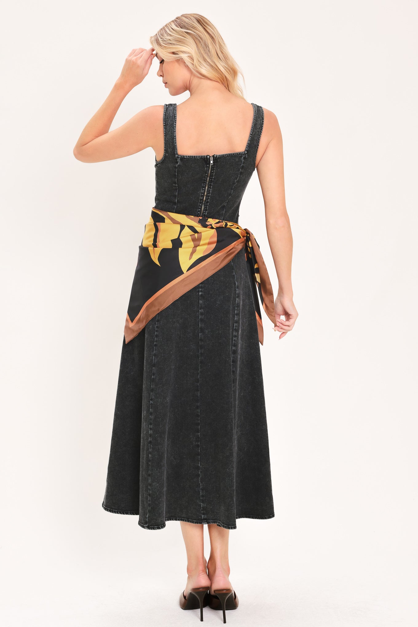 DARKWASH SCARF ELEGANCE DENIM MIDI DRESS