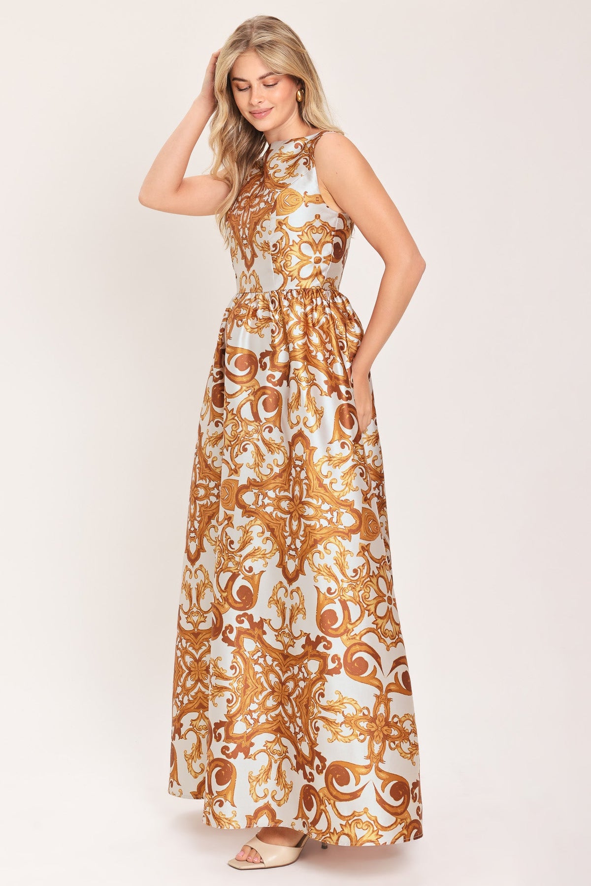 RUSTIC BLOOM RUST PRINTED FULL-SKIRT MAXI DRESS
