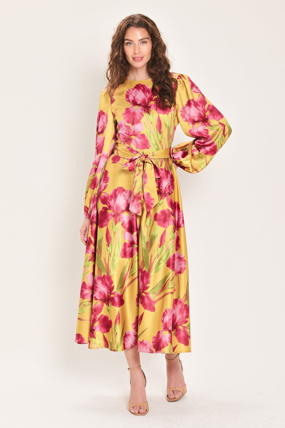 GOLDEN HAZE GOLDEN BROWN PRINTED BELTED MIDI DRESS