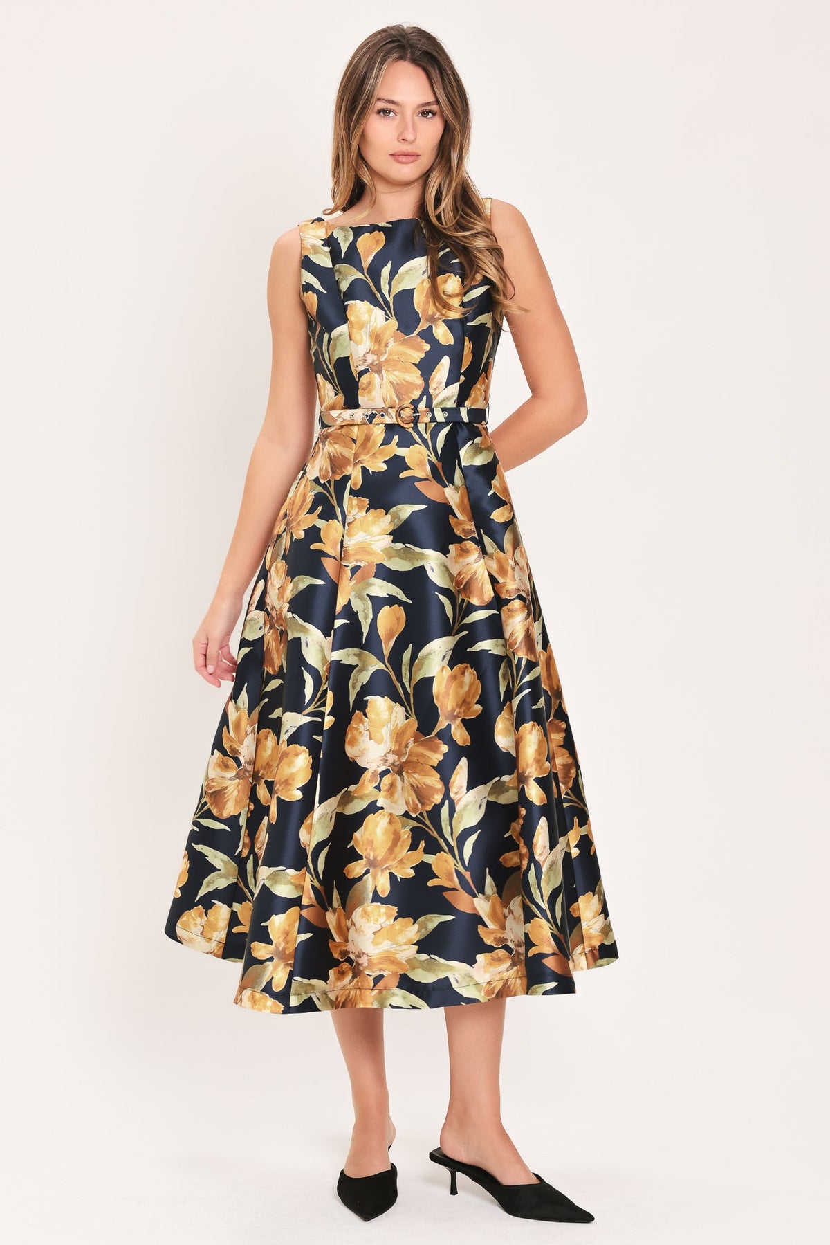 NAVY SONNET NAVY PRINTED BELTED CIRCLE-SKIRT MIDI DRESS